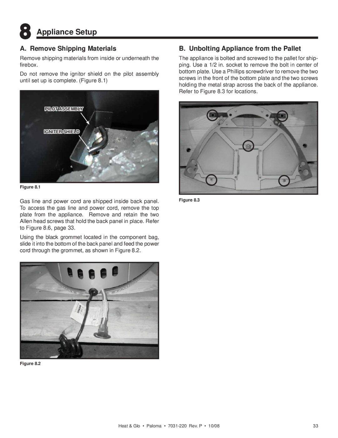 Hearth and Home Technologies PALOMA-BL Appliance Setup, Remove Shipping Materials, Unbolting Appliance from the Pallet 