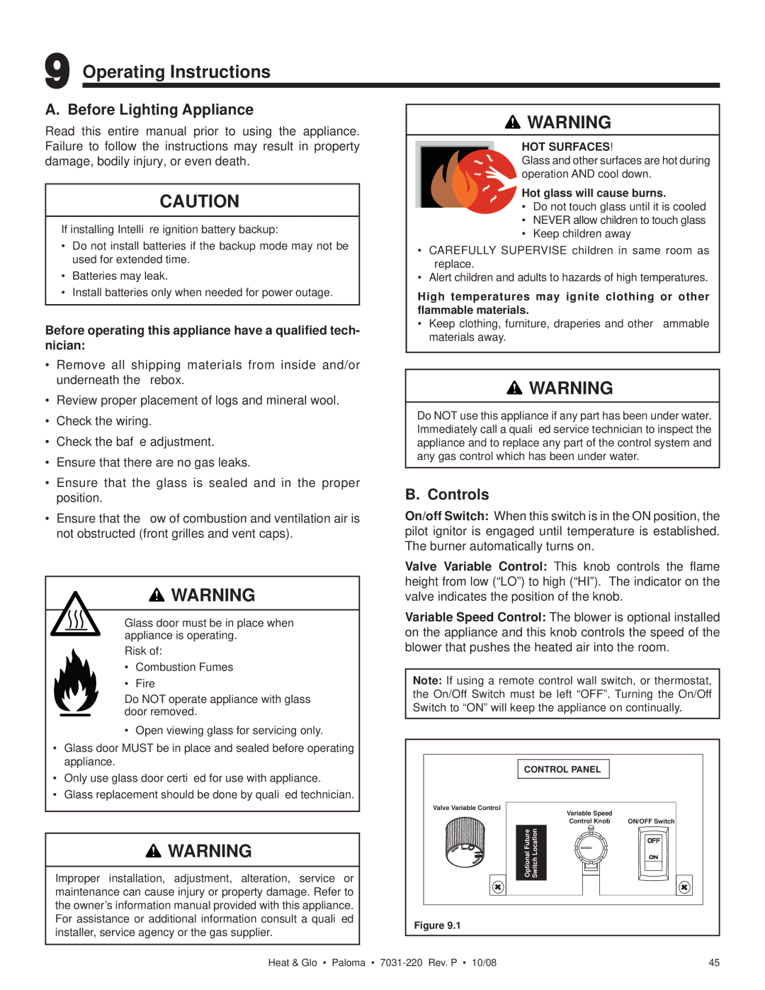 Hearth and Home Technologies PALOMA-BL, PALOMA-GR, PALOMA-BZ Operating Instructions, Before Lighting Appliance, Controls 