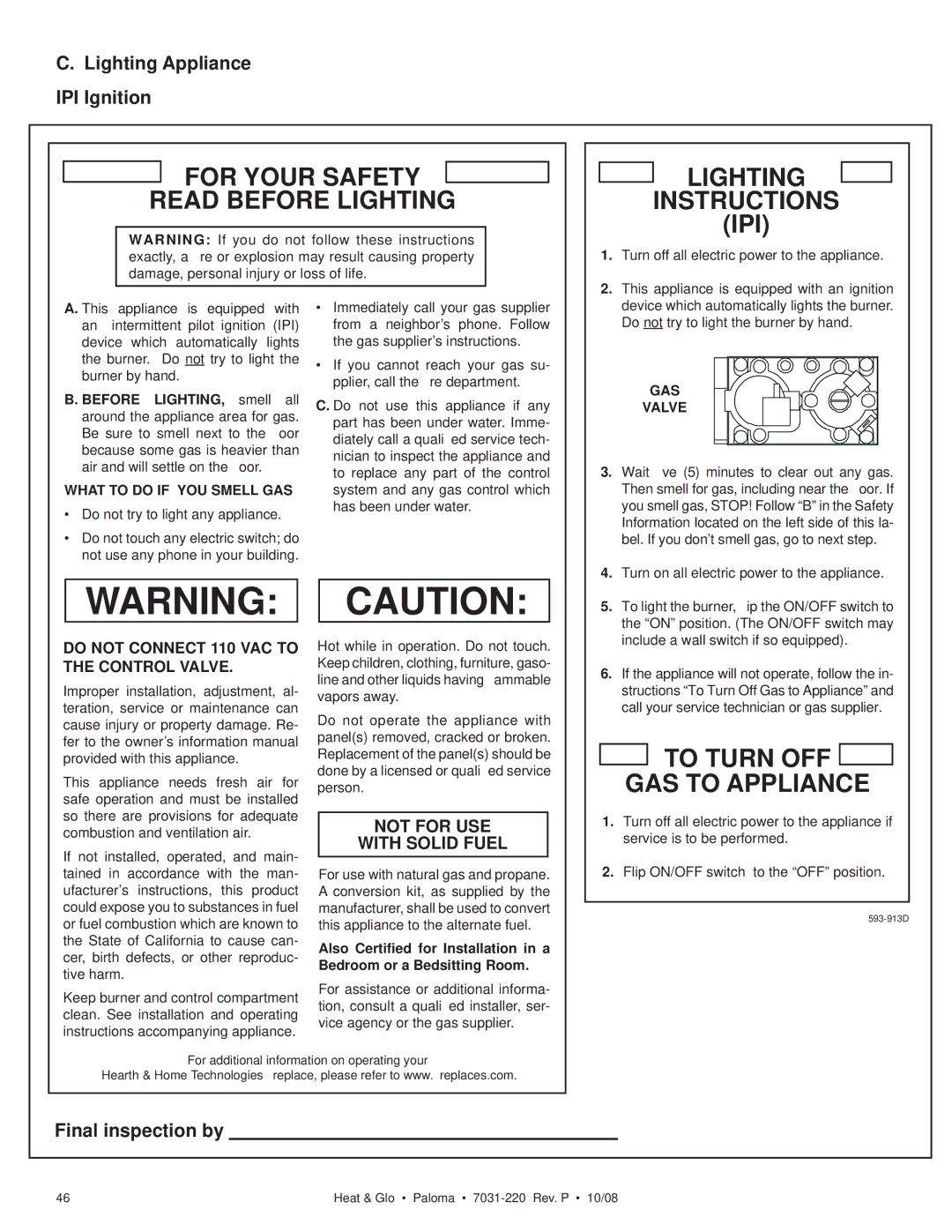 Hearth and Home Technologies PALOMA-BZ, PALOMA-GR, PALOMA-BL, PALOMA-GY Lighting Appliance IPI Ignition, Final inspection by 