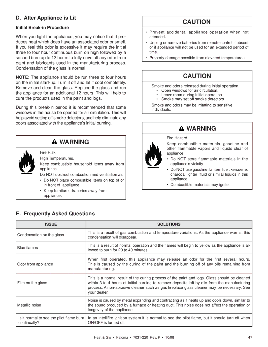 Hearth and Home Technologies PALOMA-GY After Appliance is Lit, Frequently Asked Questions, Initial Break-in Procedure 