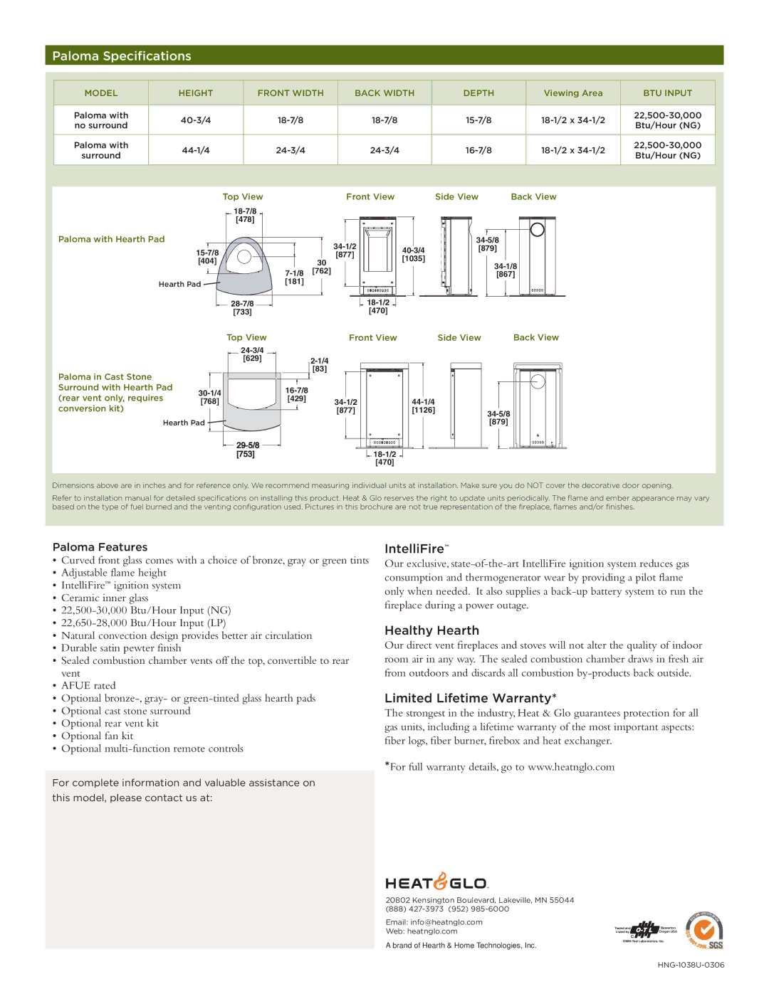 Hearth and Home Technologies manual Paloma Specifications 