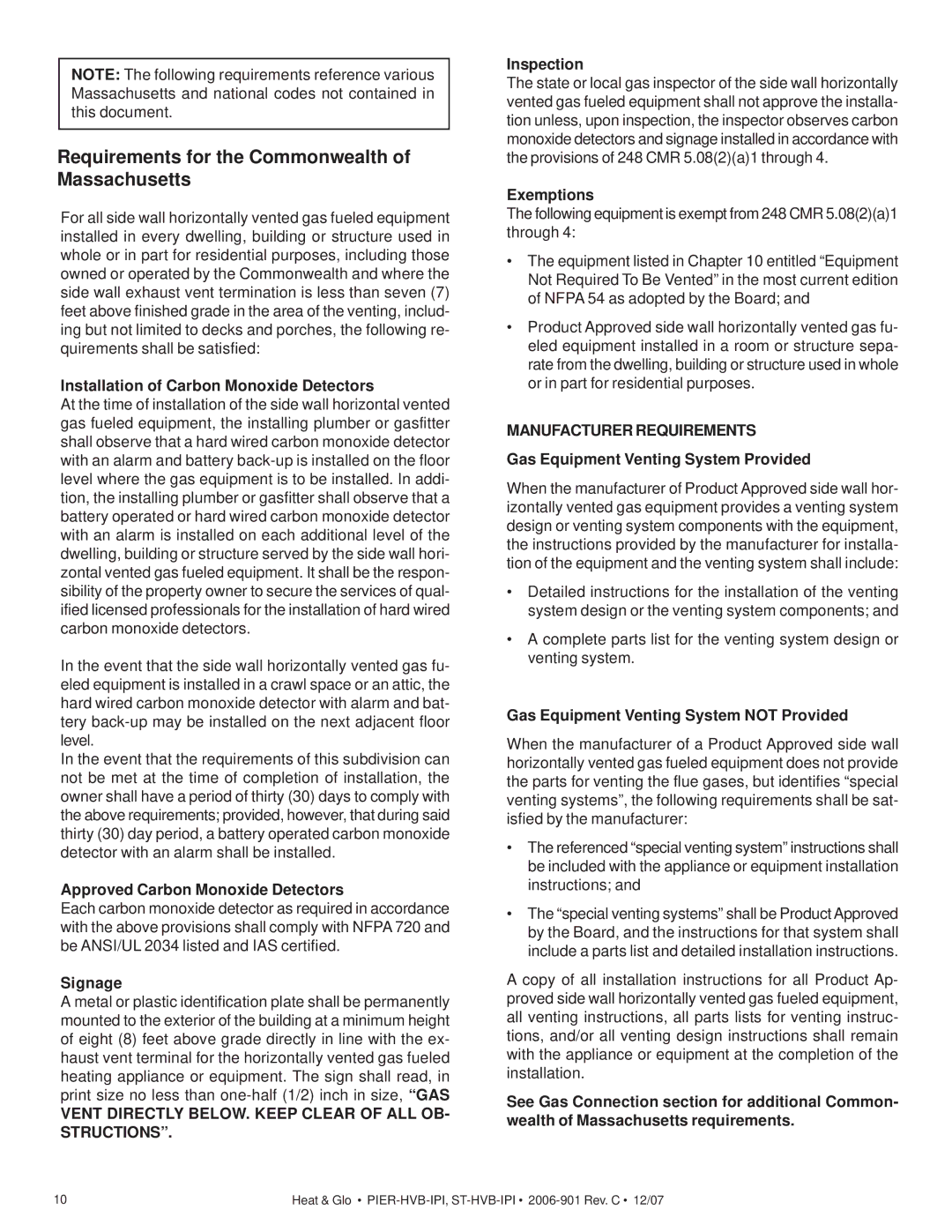 Hearth and Home Technologies Pier-HVB-IPI Requirements for the Commonwealth of Massachusetts, Manufacturer Requirements 