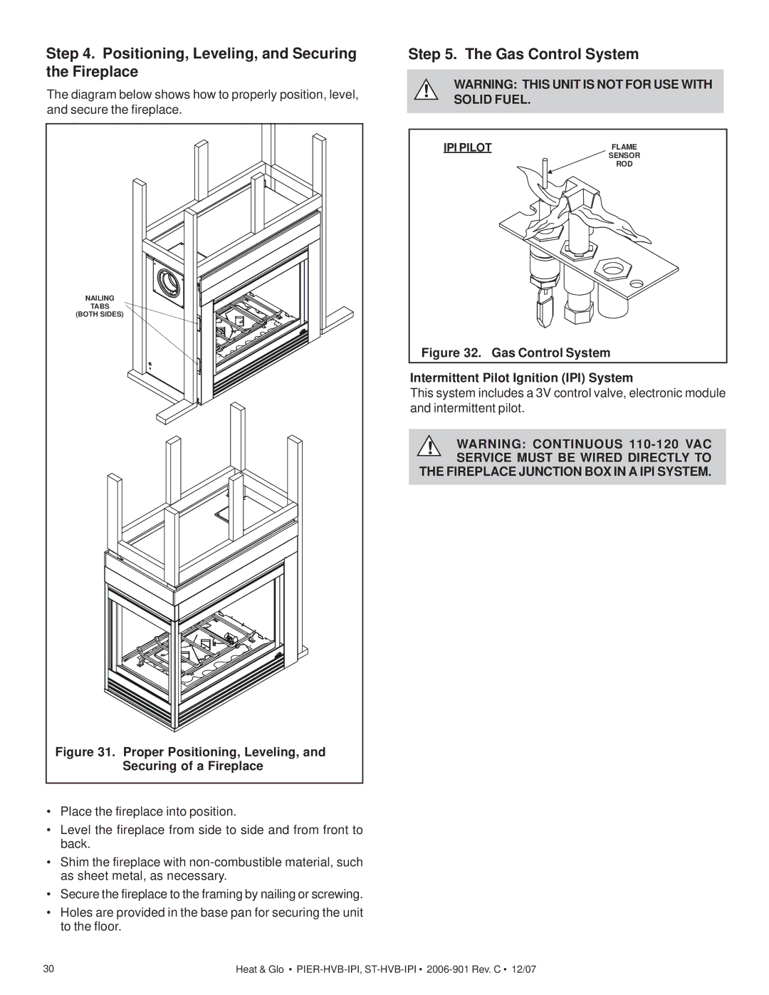 Hearth and Home Technologies Pier-HVB-IPI Positioning, Leveling, and Securing the Fireplace, Gas Control System 