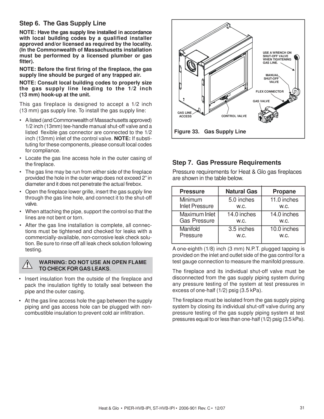 Hearth and Home Technologies ST-HVB-IPI, Pier-HVB-IPI owner manual Gas Supply Line, Gas Pressure Requirements 