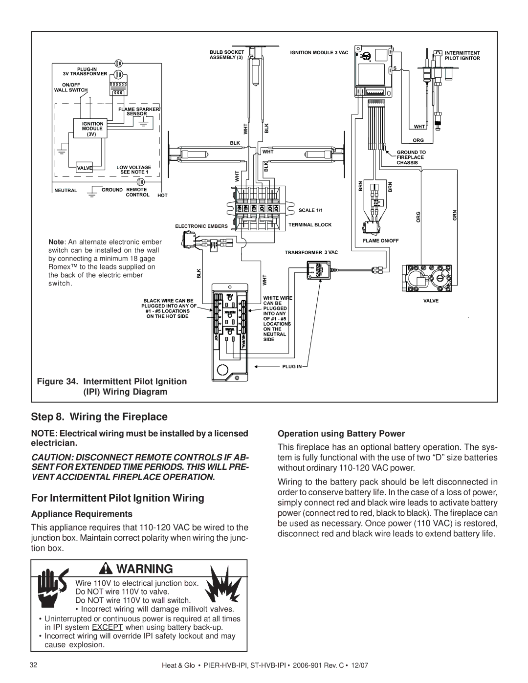 Hearth and Home Technologies Pier-HVB-IPI, ST-HVB-IPI Wiring the Fireplace For Intermittent Pilot Ignition Wiring 