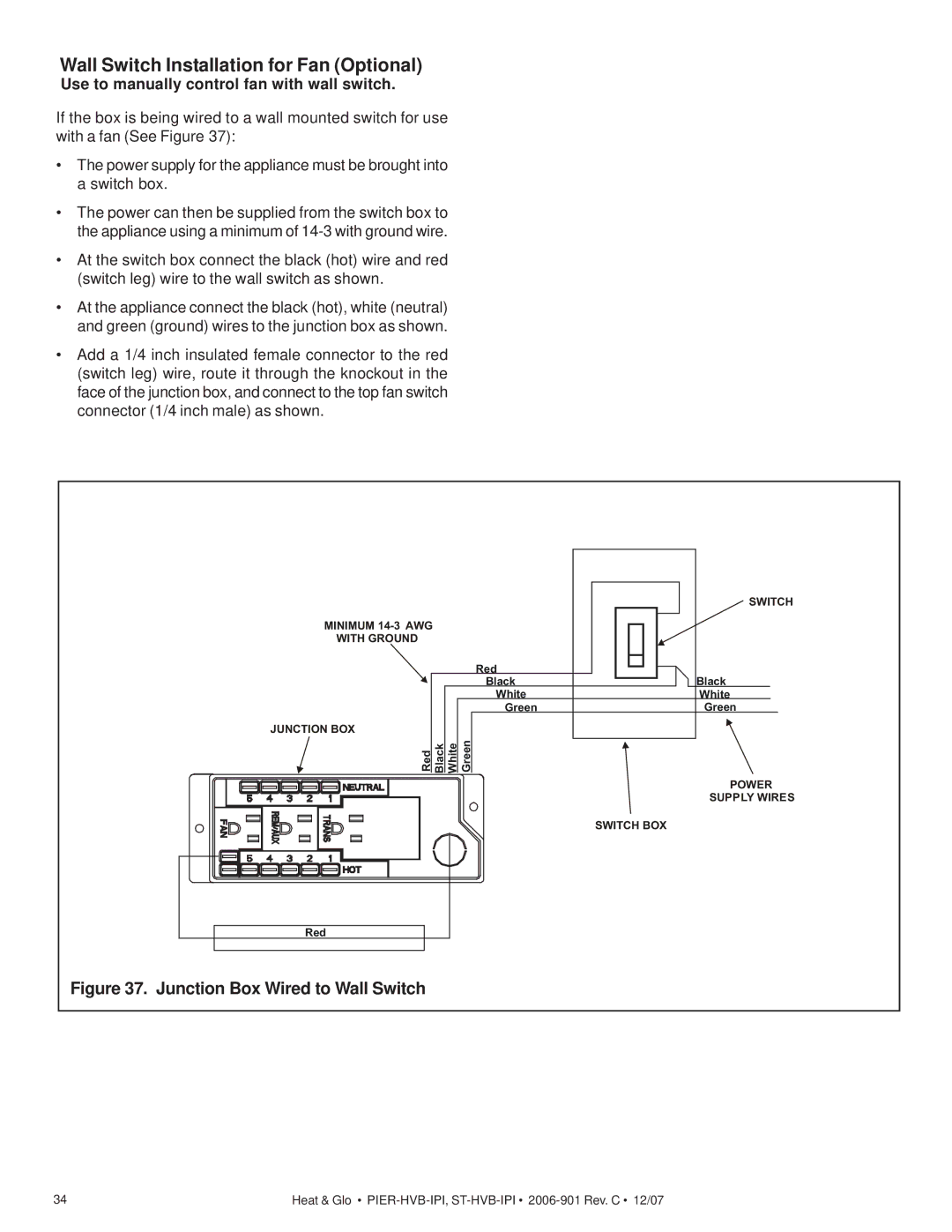 Hearth and Home Technologies Pier-HVB-IPI, ST-HVB-IPI owner manual Wall Switch Installation for Fan Optional 