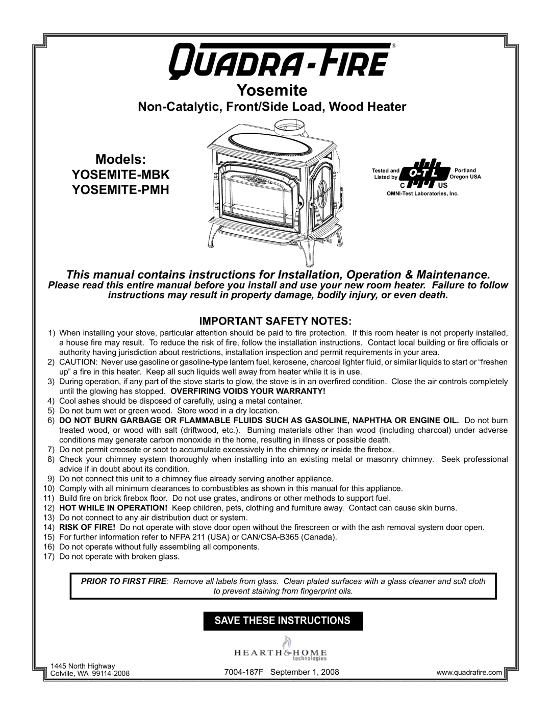 Hearth and Home Technologies MBK, PMH installation instructions Yosemite, Important Safety Notes 