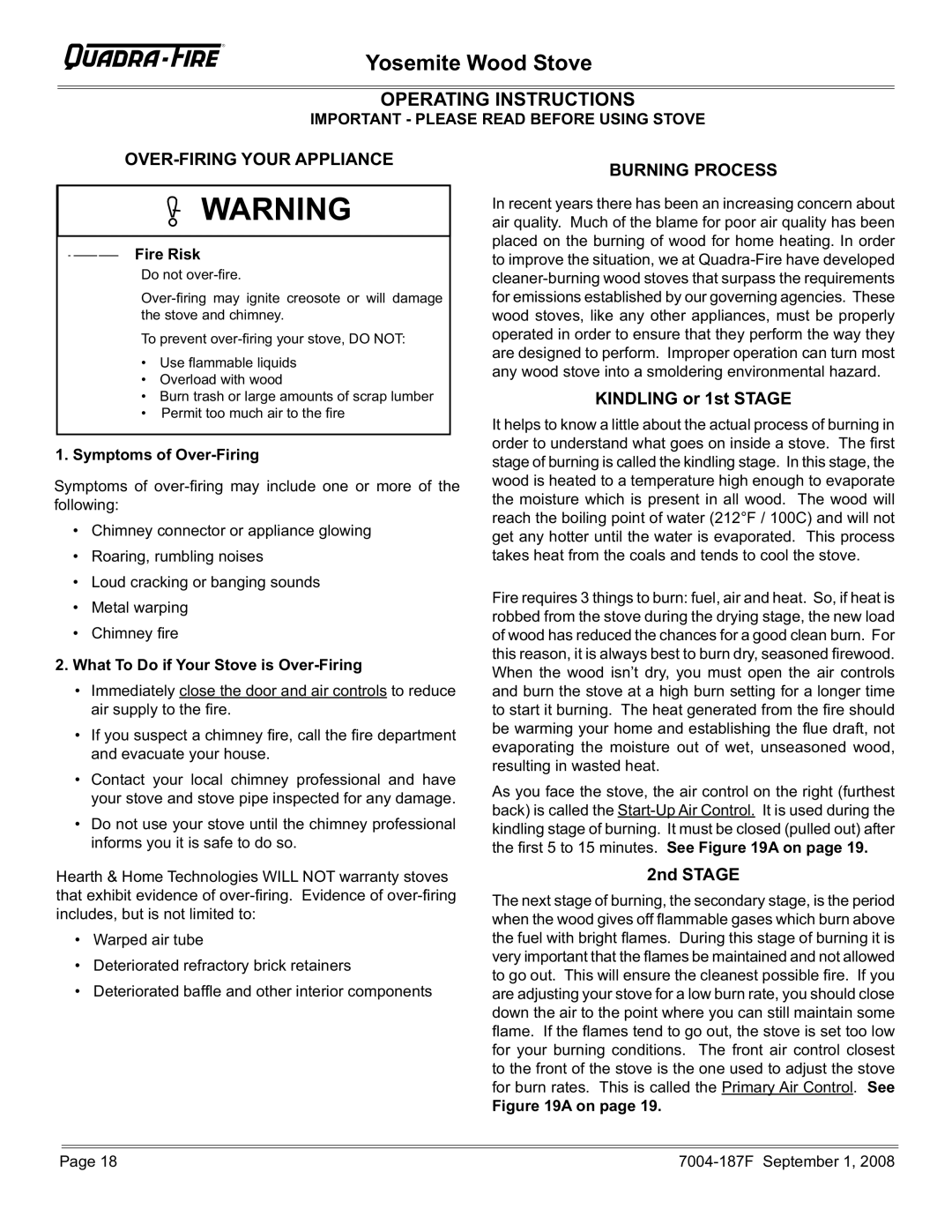 Hearth and Home Technologies PMH, MBK Operating Instructions, Important Please Read Before Using Stove, Fire Risk 