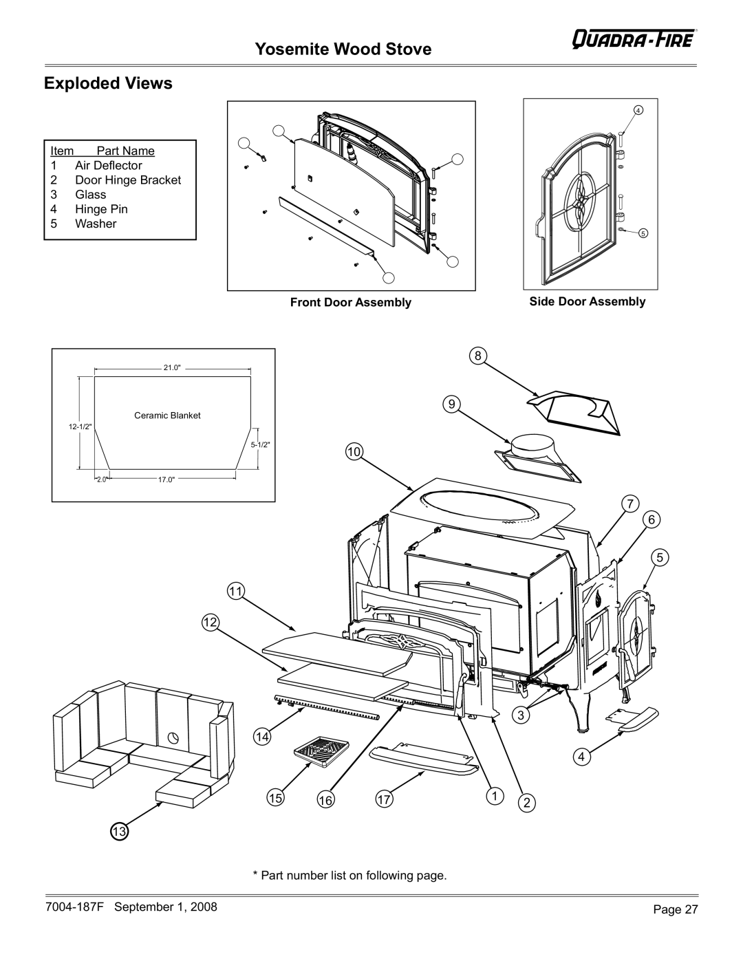 Hearth and Home Technologies MBK, PMH Yosemite Wood Stove Exploded Views, Front Door Assembly Side Door Assembly 