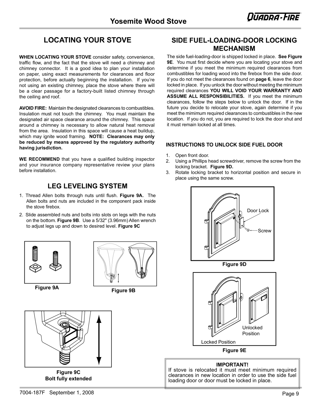 Hearth and Home Technologies MBK, PMH Locating Your Stove, Instructions to Unlock Side Fuel Door, Bolt fully extended 