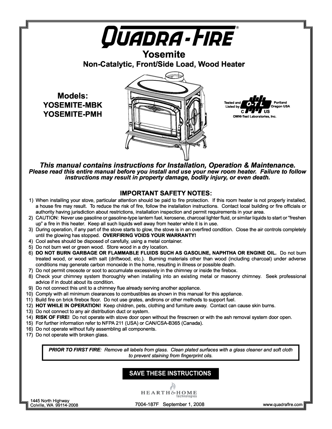 Hearth and Home Technologies MBK installation instructions Yosemite, Non-Catalytic, Front/Side Load, Wood Heater, Models 