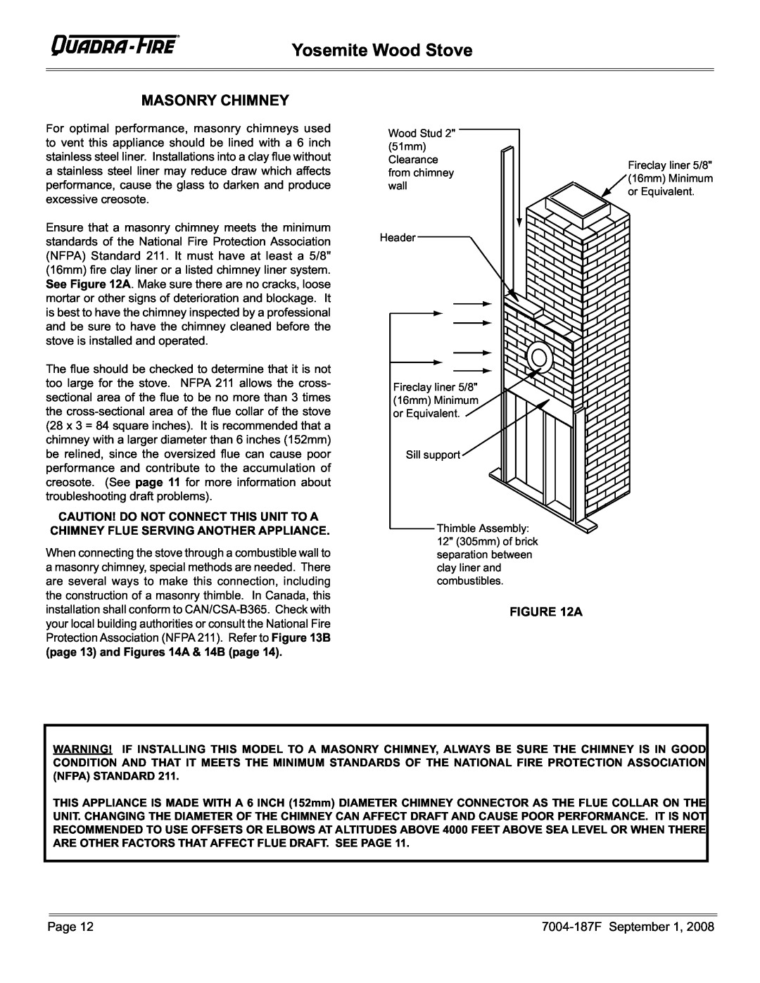 Hearth and Home Technologies PMH, MBK installation instructions Masonry Chimney, Yosemite Wood Stove, A 