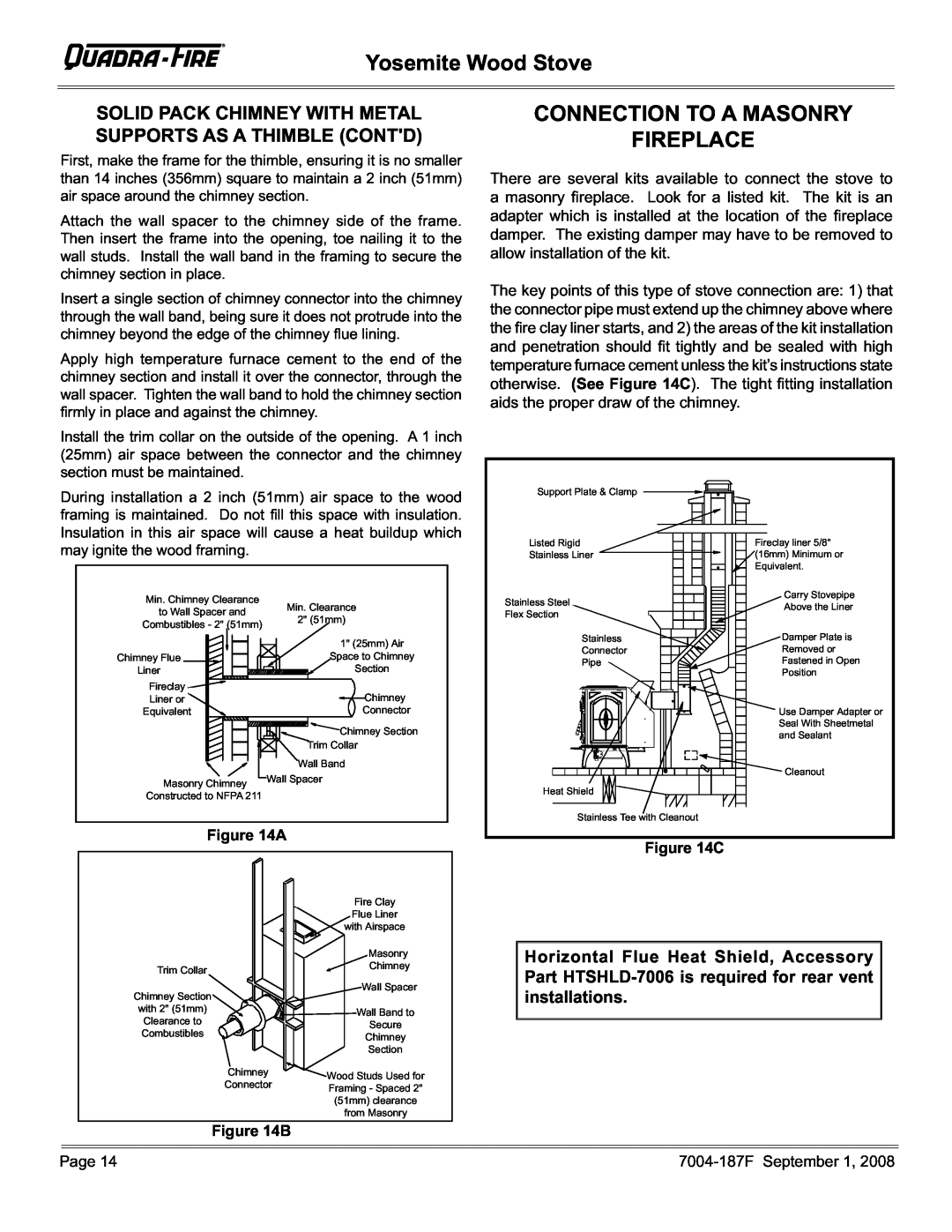 Hearth and Home Technologies PMH, MBK installation instructions Connection To A Masonry Fireplace, Yosemite Wood Stove 