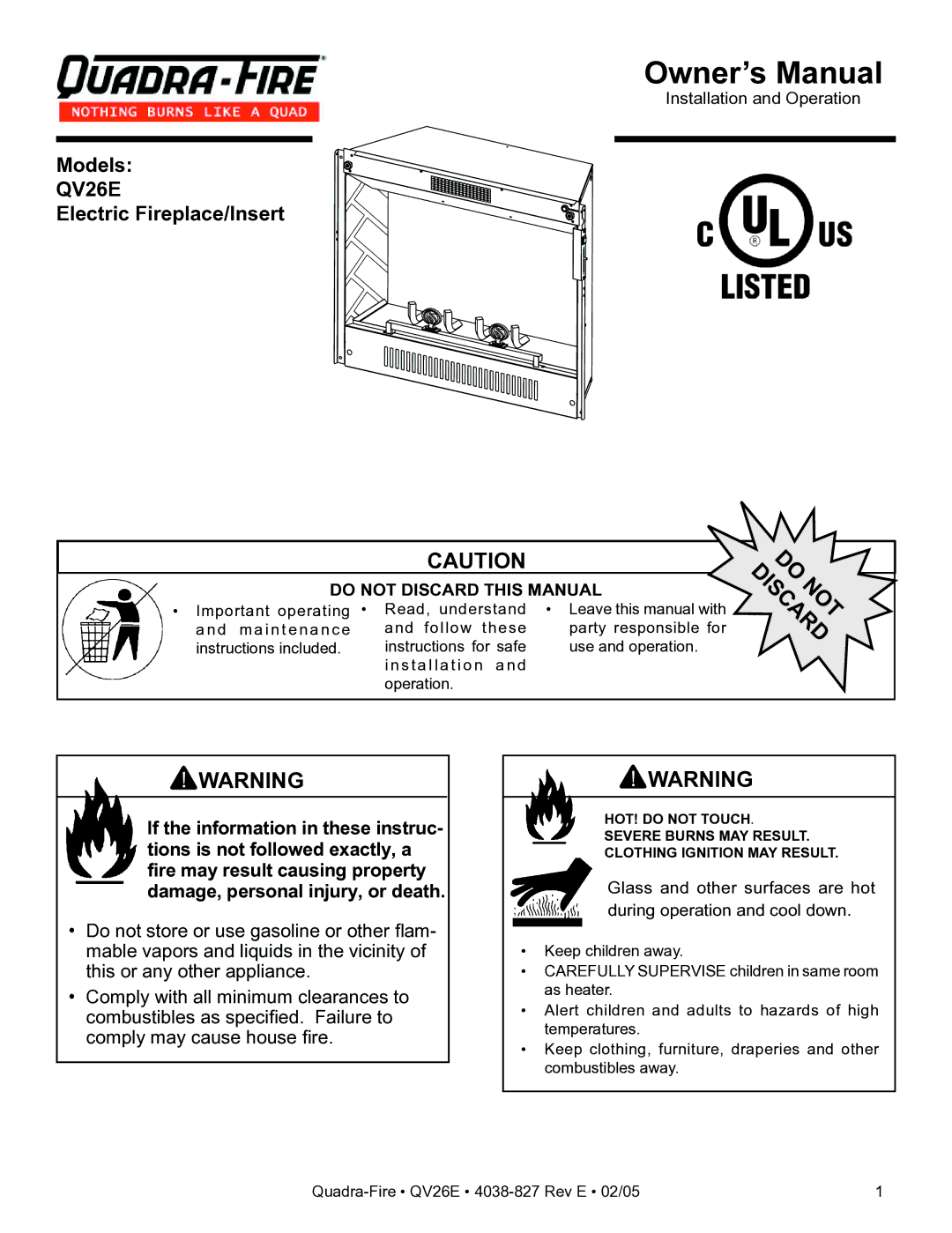 Hearth and Home Technologies QV26E owner manual Card 