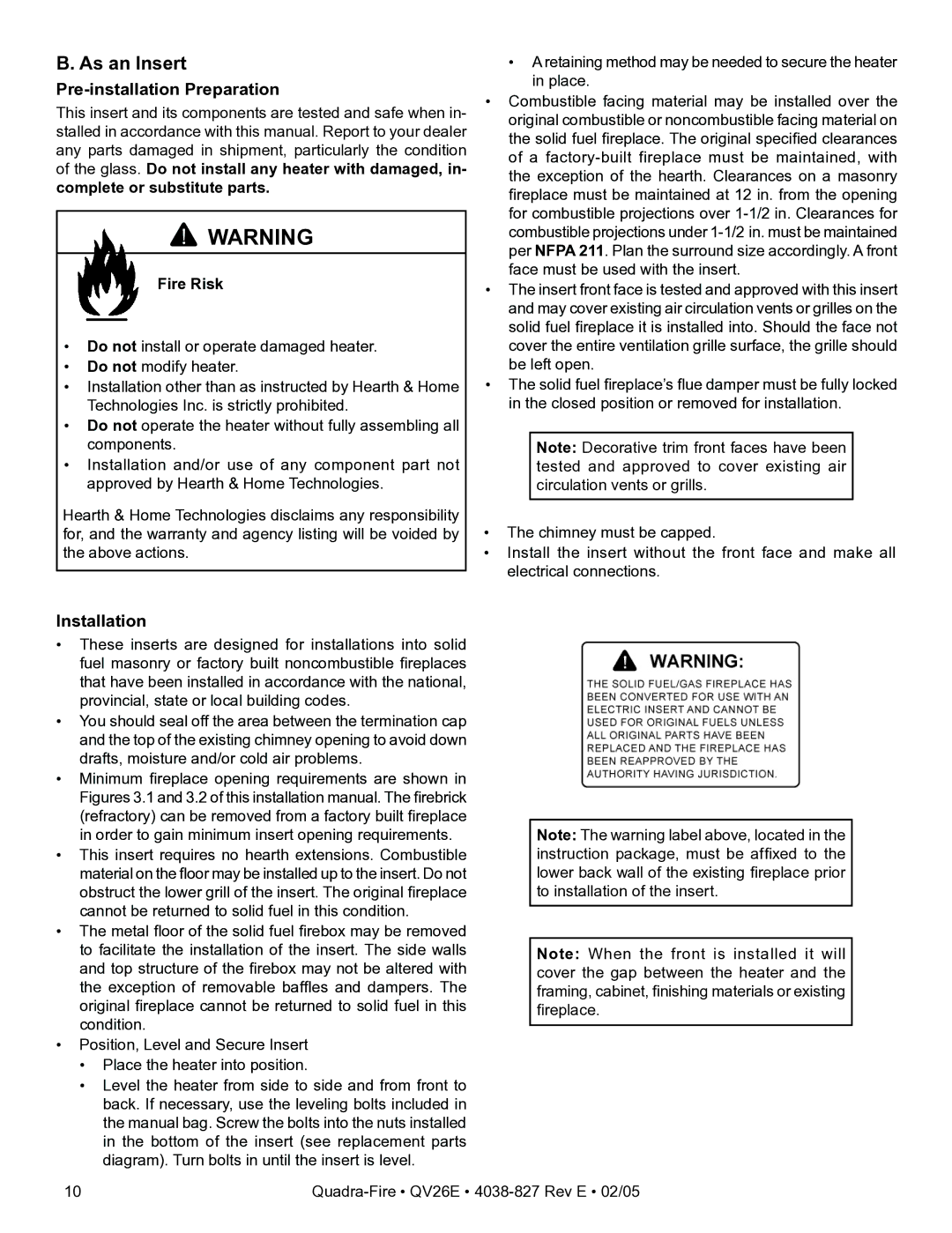 Hearth and Home Technologies QV26E owner manual As an Insert, Glass. Do not install any heater with damaged 