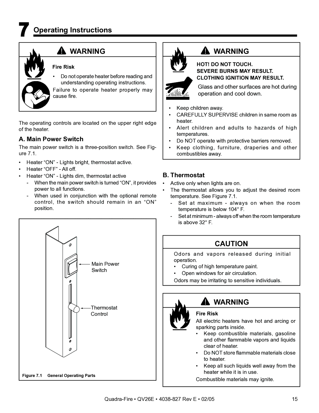 Hearth and Home Technologies QV26E owner manual Operating Instructions, Main Power Switch, Thermostat 