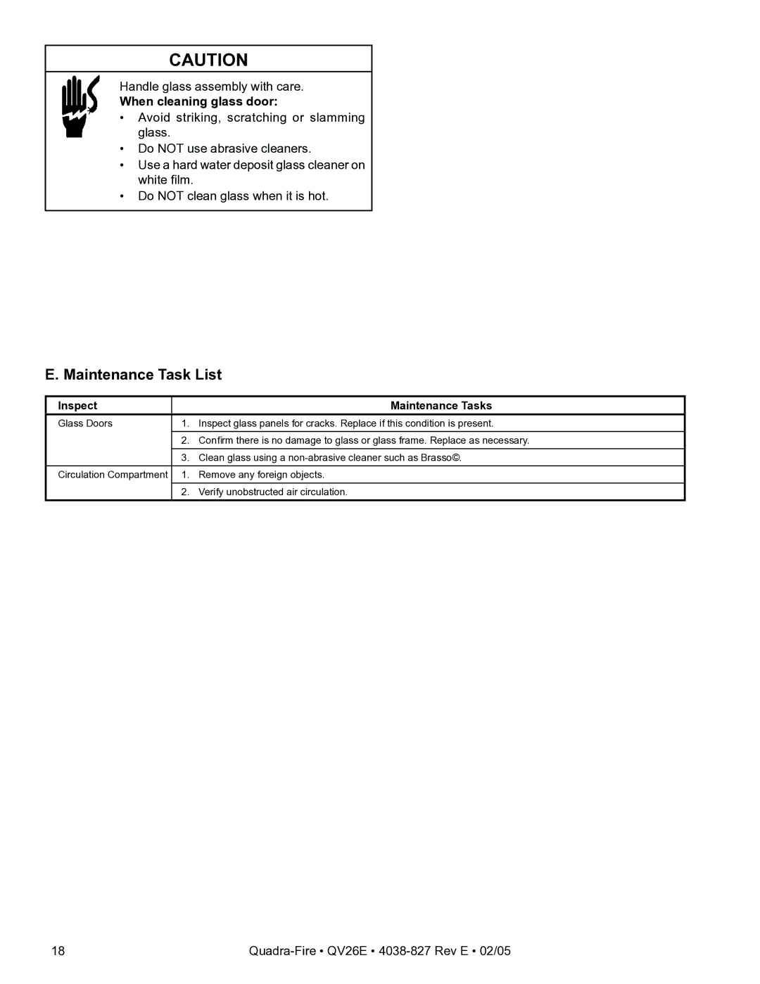 Hearth and Home Technologies QV26E owner manual Maintenance Task List, When cleaning glass door 