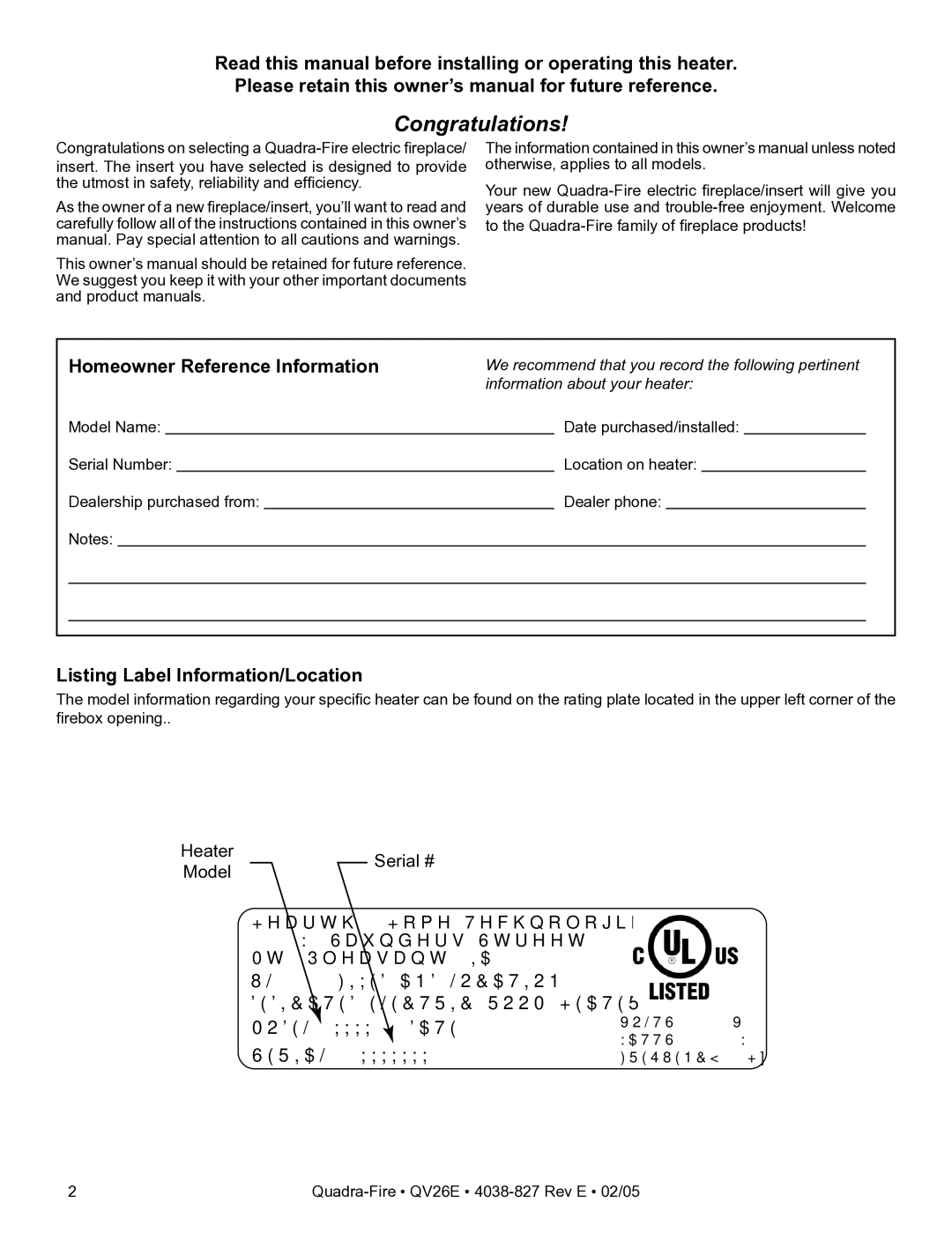 Hearth and Home Technologies QV26E owner manual Congratulations, Listing Label Information/Location 