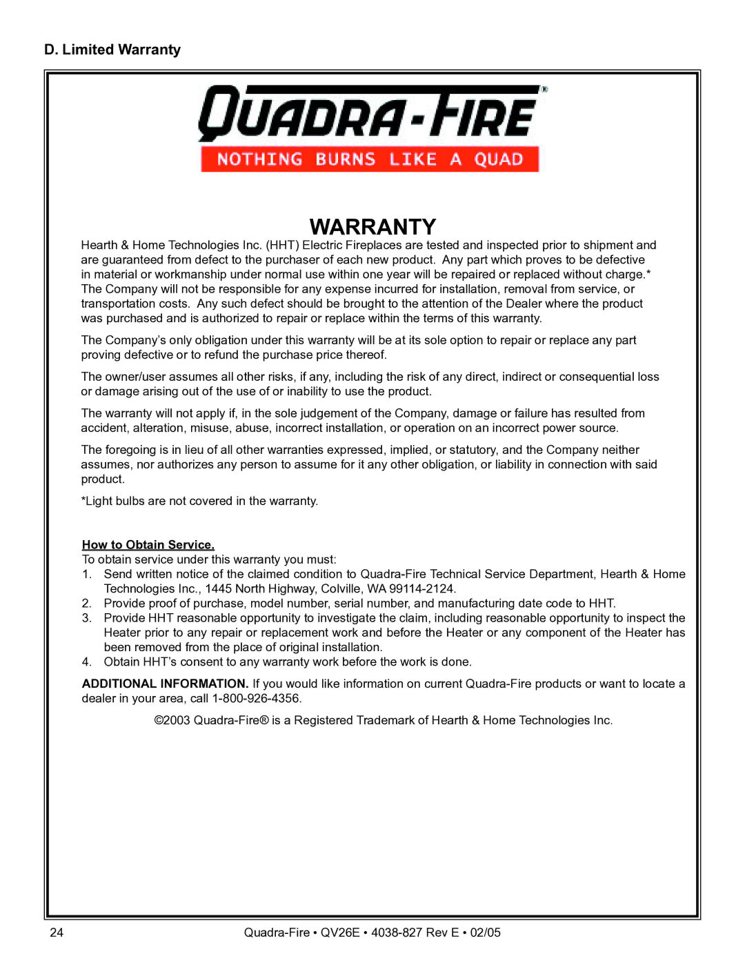 Hearth and Home Technologies QV26E owner manual Limited Warranty, How to Obtain Service 