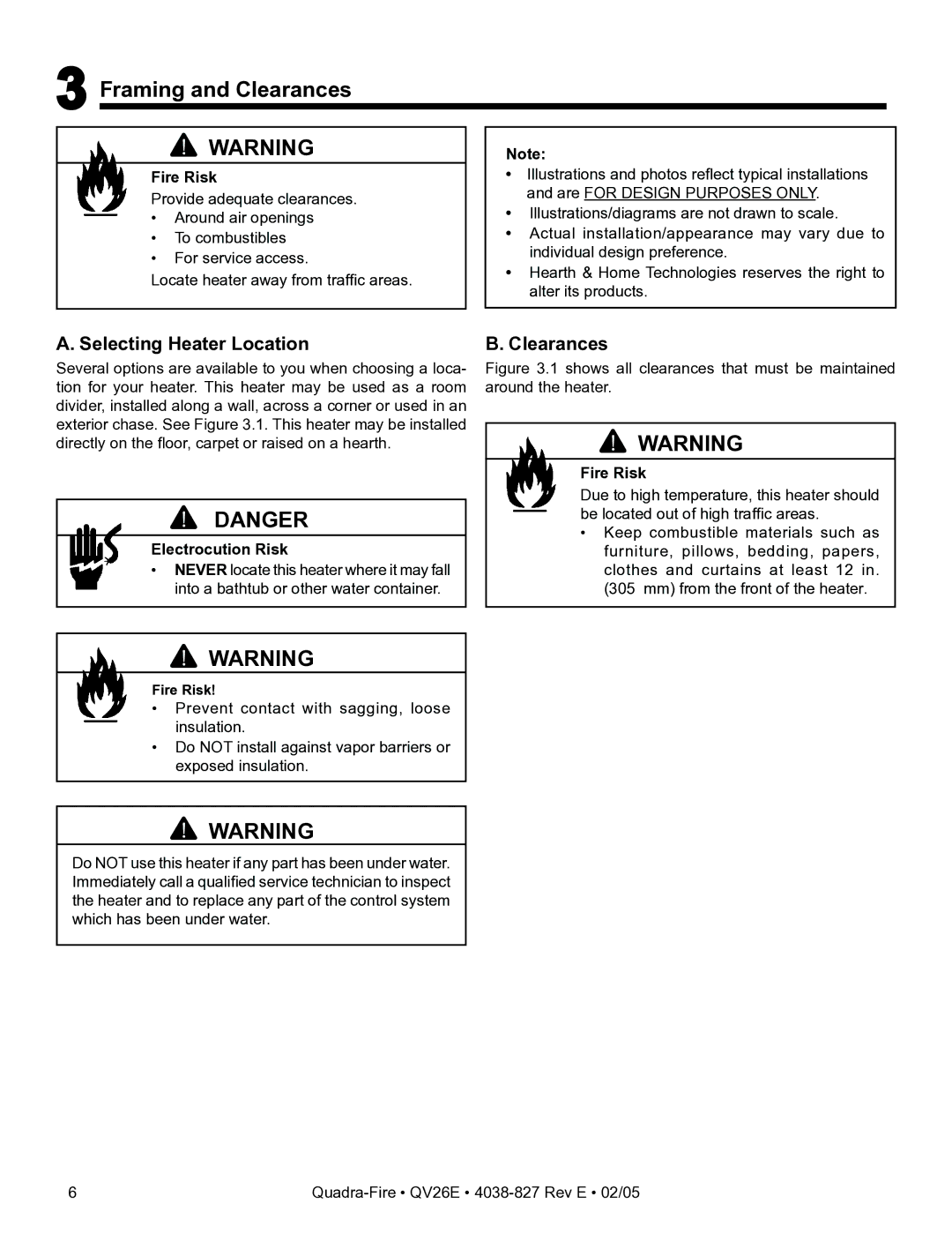 Hearth and Home Technologies QV26E owner manual Framing and Clearances, Selecting Heater Location, Electrocution Risk 