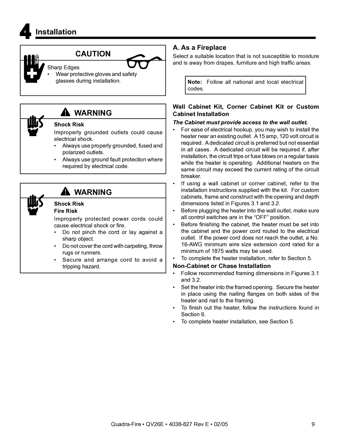 Hearth and Home Technologies QV26E owner manual Installation, As a Fireplace, Shock Risk Fire Risk 