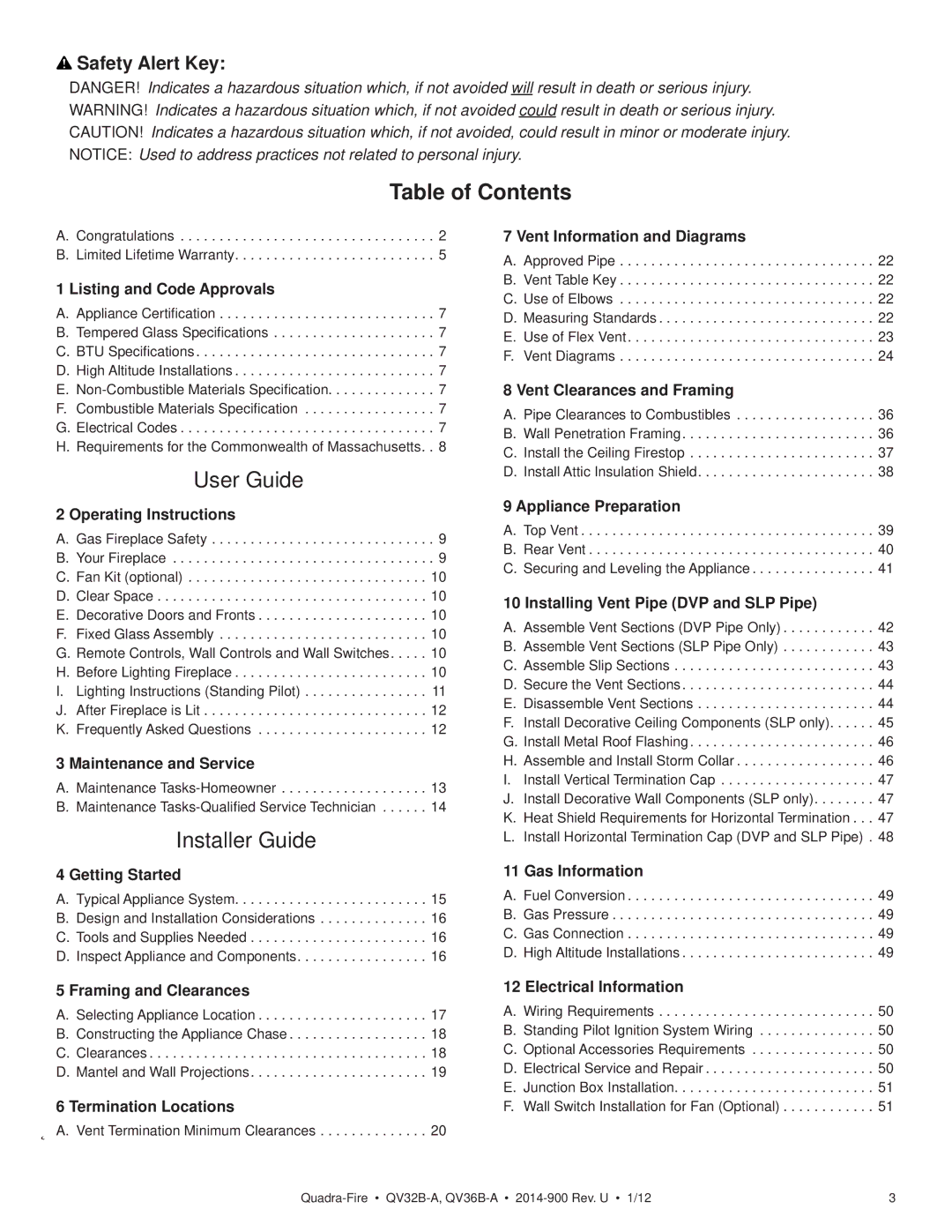 Hearth and Home Technologies QV36B-A, QV32B-A owner manual Table of Contents, User Guide 