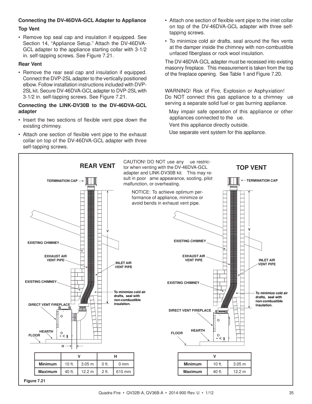 Hearth and Home Technologies QV36B-A Connecting the DV-46DVA-GCL Adapter to Appliance Top Vent, Rear Vent, Minimum 
