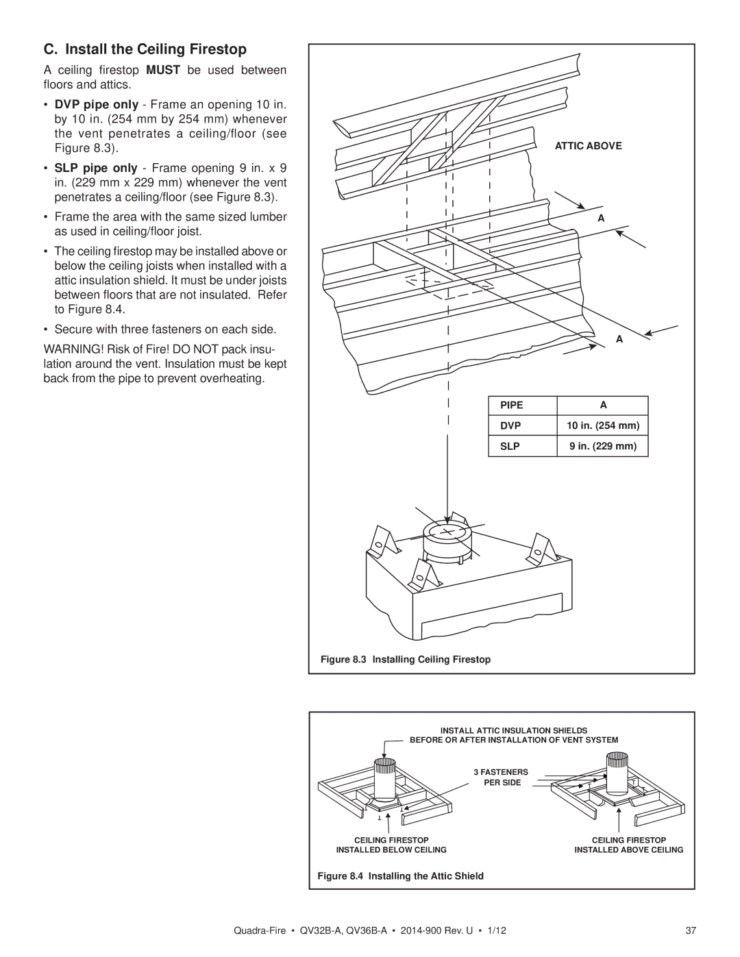 Hearth and Home Technologies QV36B-A, QV32B-A owner manual Install the Ceiling Firestop, Installing Ceiling Firestop 