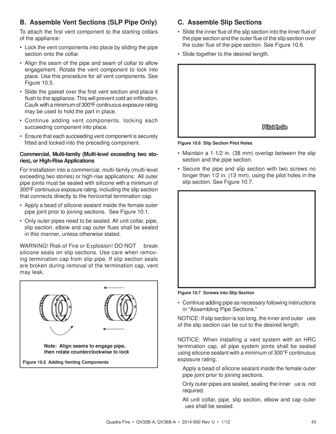 Hearth and Home Technologies QV36B-A, QV32B-A owner manual Assemble Vent Sections SLP Pipe Only, Assemble Slip Sections 