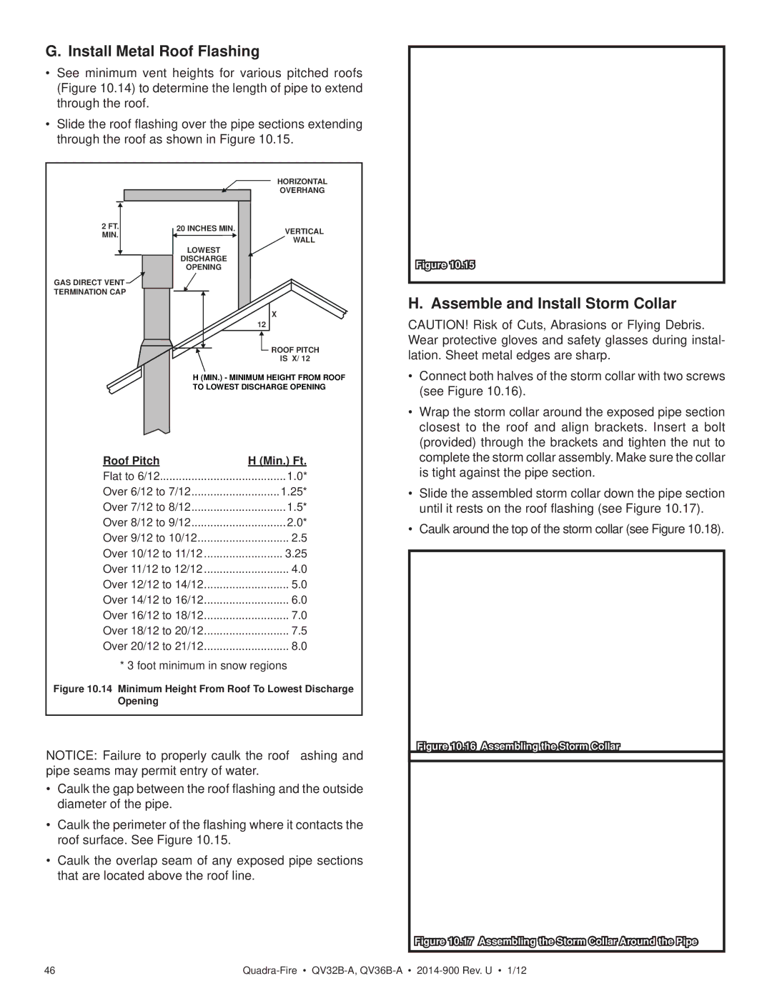 Hearth and Home Technologies QV32B-A, QV36B-A owner manual Install Metal Roof Flashing, Assemble and Install Storm Collar 