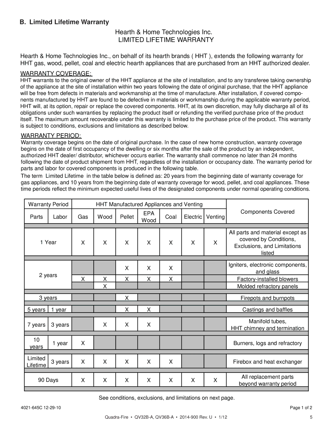 Hearth and Home Technologies QV36B-A, QV32B-A owner manual Limited Lifetime Warranty 