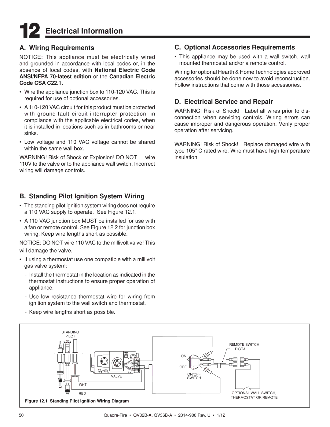 Hearth and Home Technologies QV32B-A Electrical Information, Wiring Requirements, Optional Accessories Requirements 