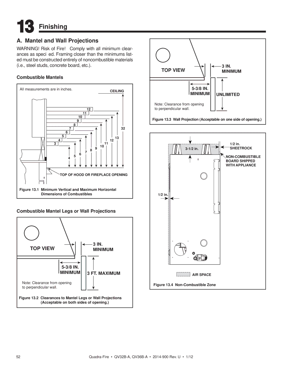 Hearth and Home Technologies QV32B-A, QV36B-A owner manual Finishing, Wall Projection Acceptable on one side of opening 