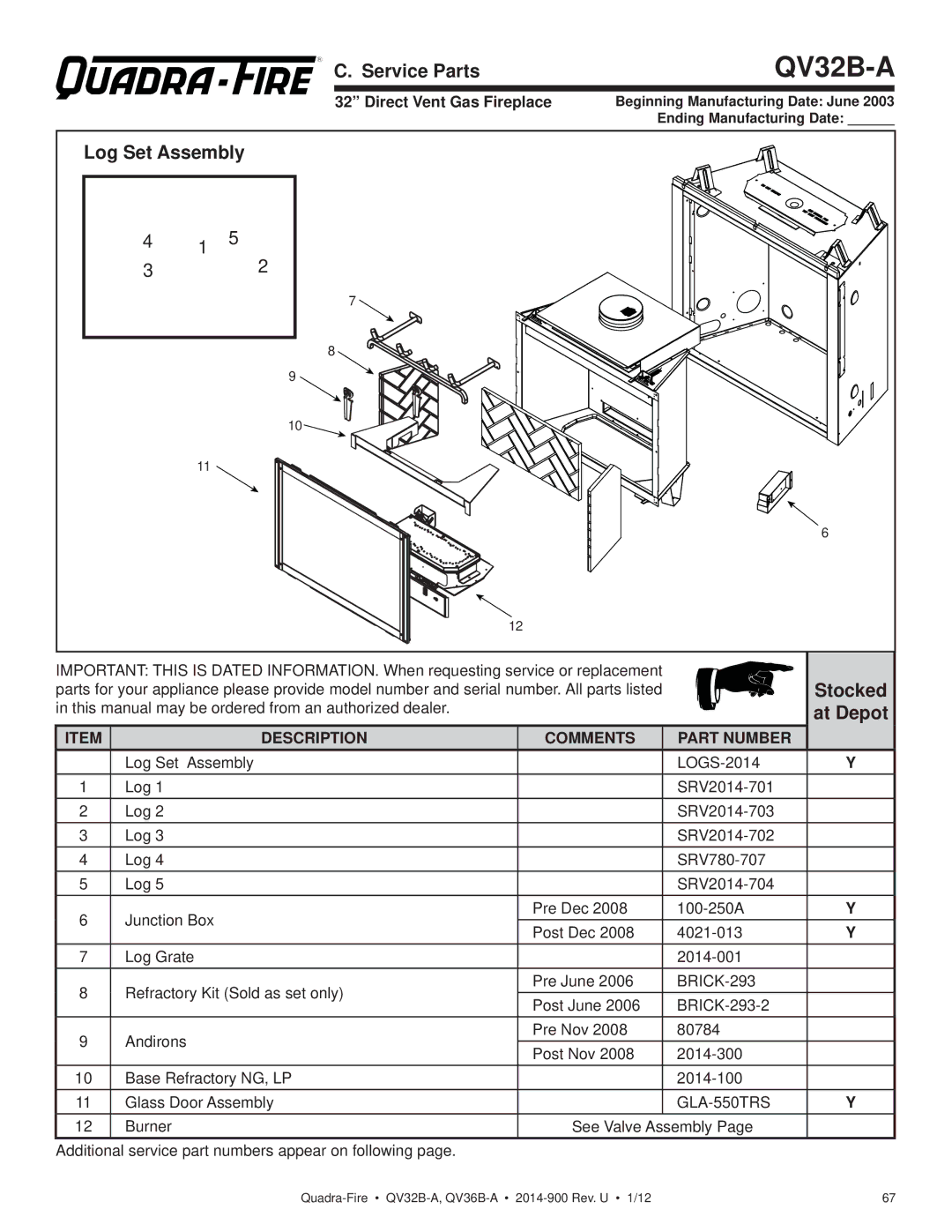 Hearth and Home Technologies QV36B-A, QV32B-A Service Parts, Log Set Assembly, At Depot, Direct Vent Gas Fireplace 