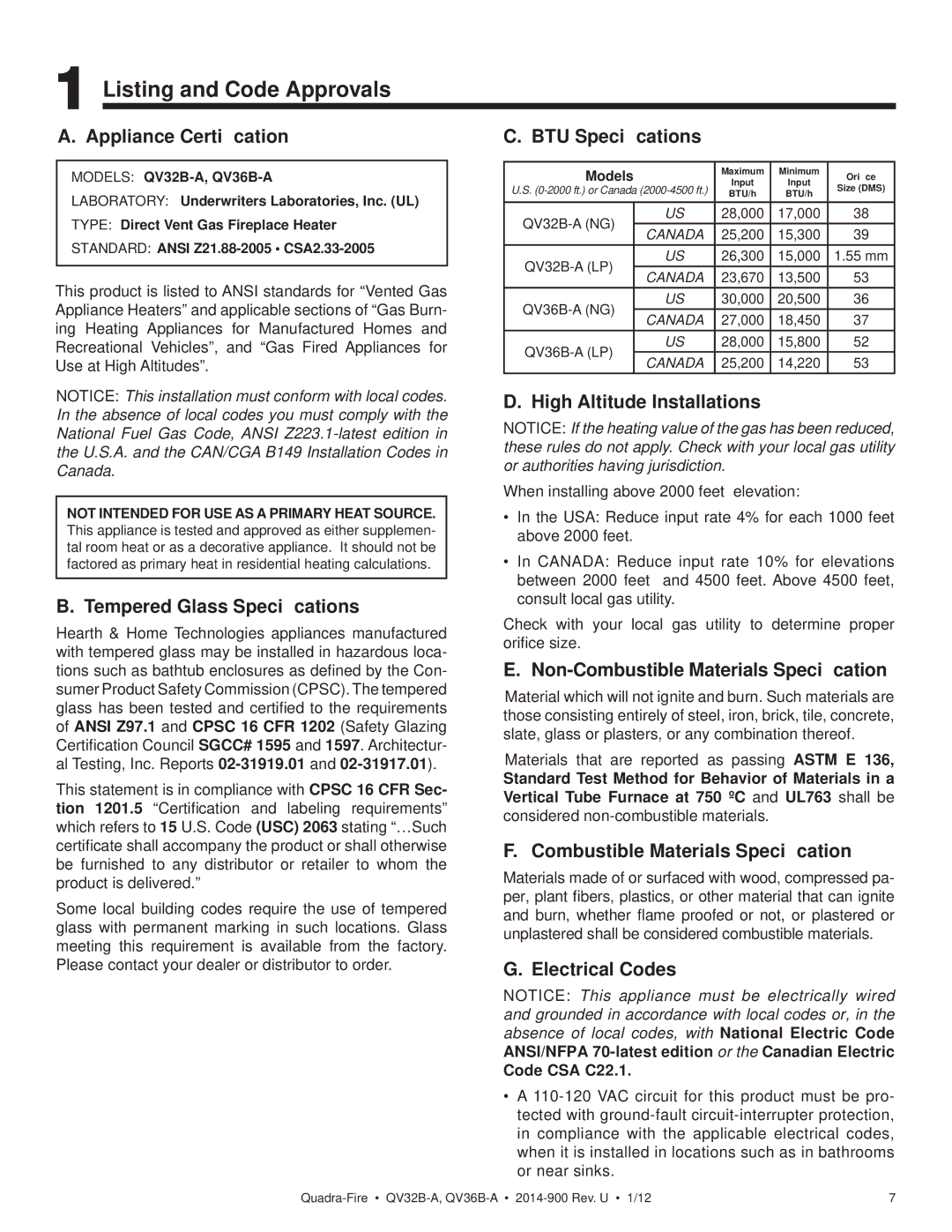 Hearth and Home Technologies QV36B-A, QV32B-A owner manual Listing and Code Approvals 