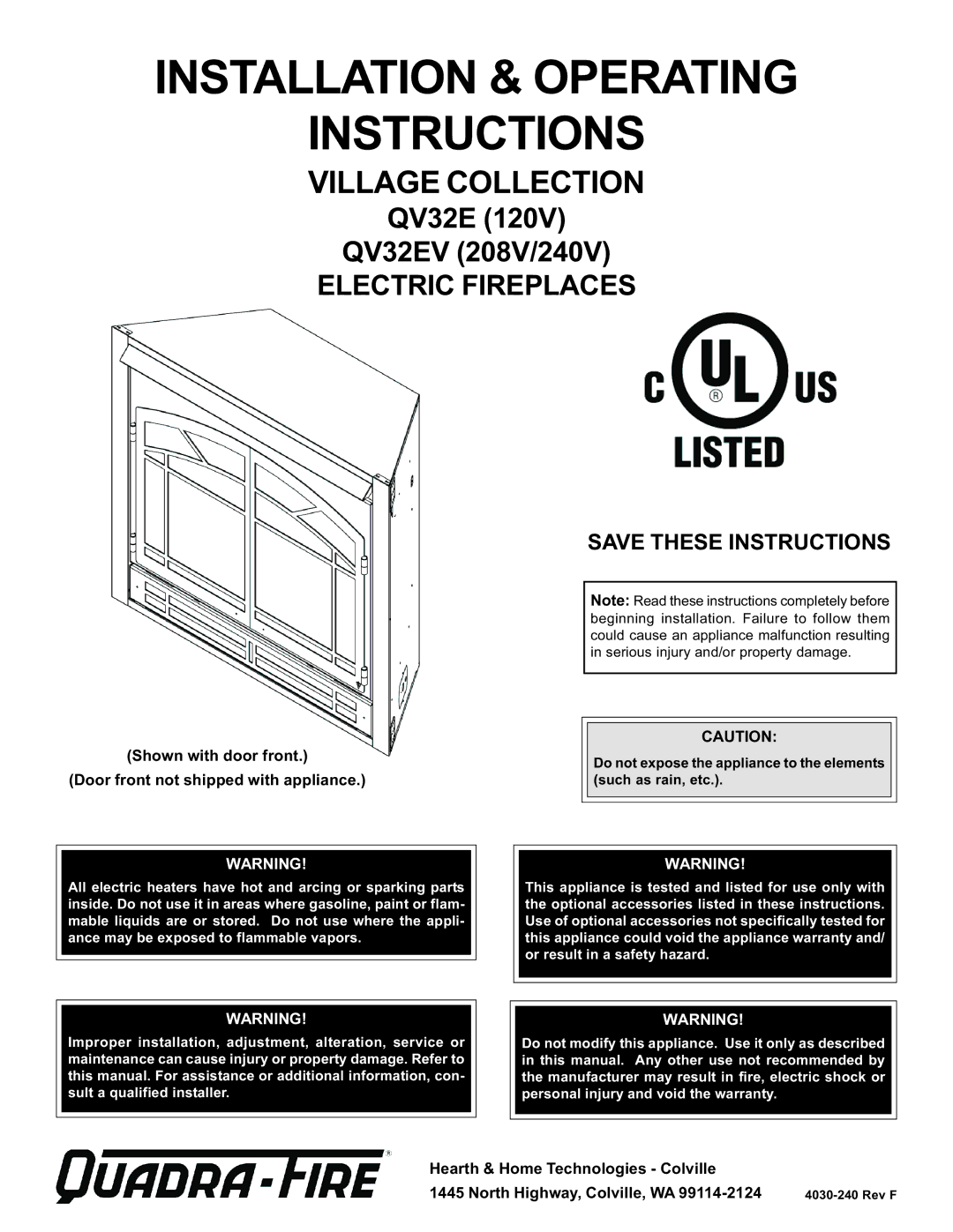 Hearth and Home Technologies QV32E (120V) warranty Installation & Operating Instructions, Electric Fireplaces 