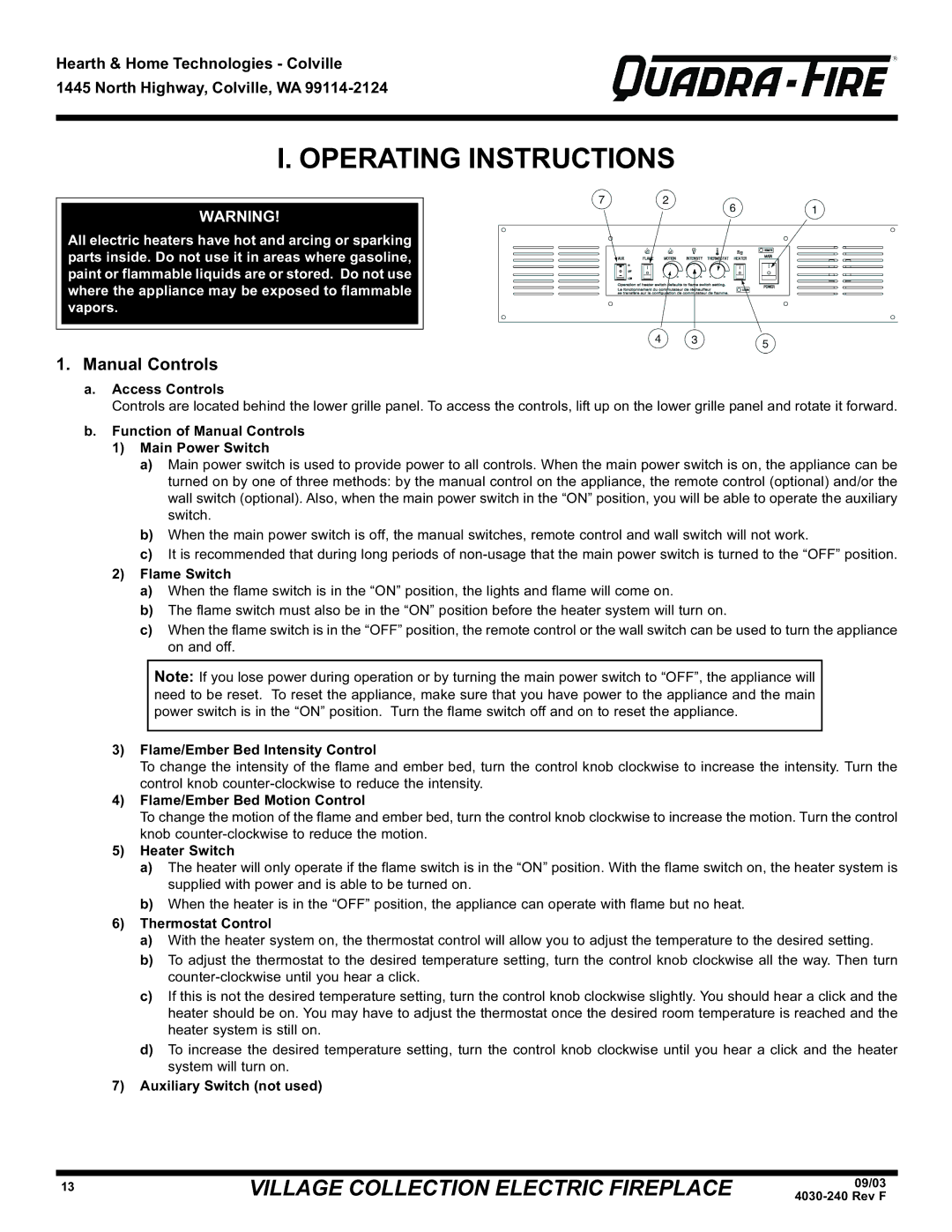 Hearth and Home Technologies QV32E (120V), QV32EV, QV32E warranty Operating Instructions, Manual Controls 