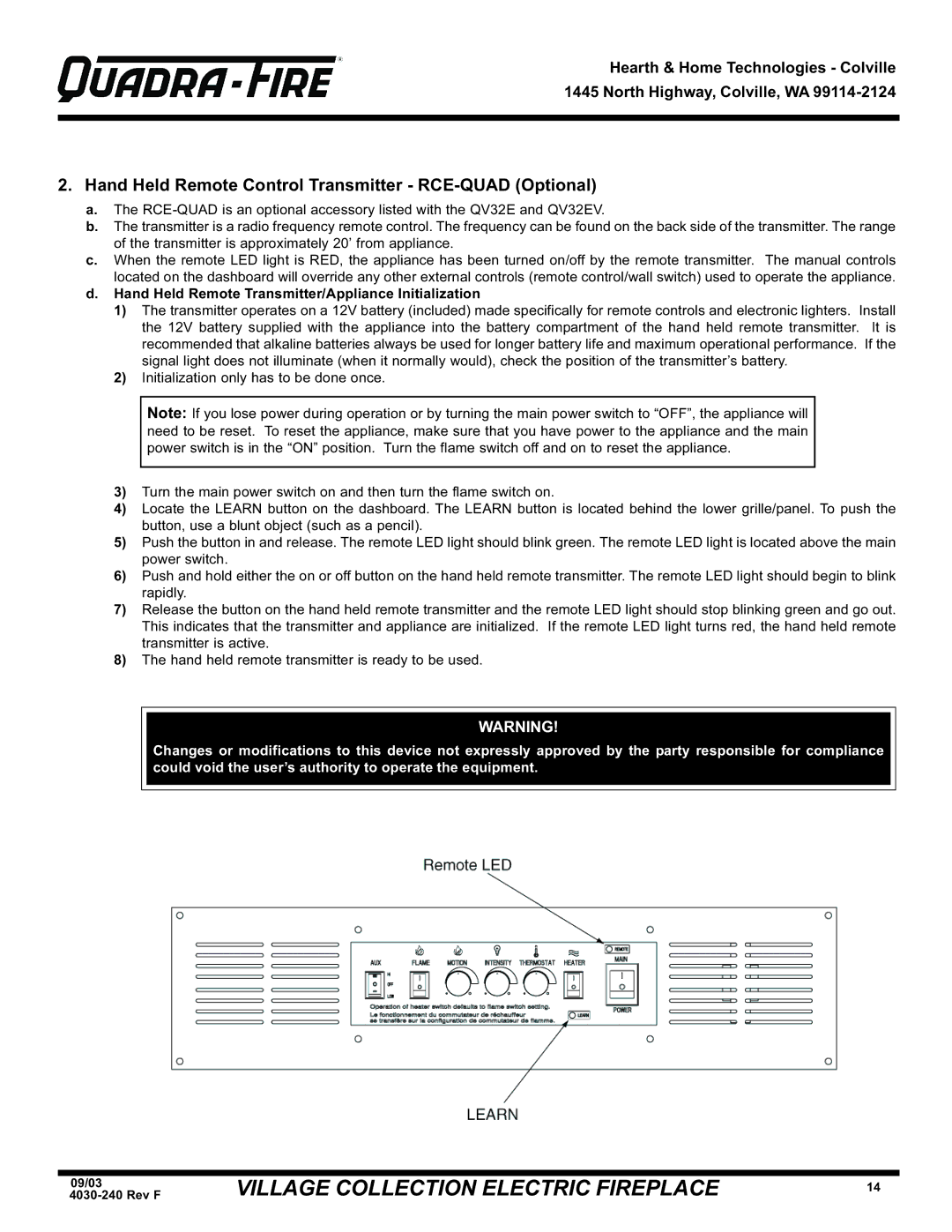 Hearth and Home Technologies QV32EV, QV32E, QV32E (120V) warranty Hand Held Remote Control Transmitter RCE-QUAD Optional 