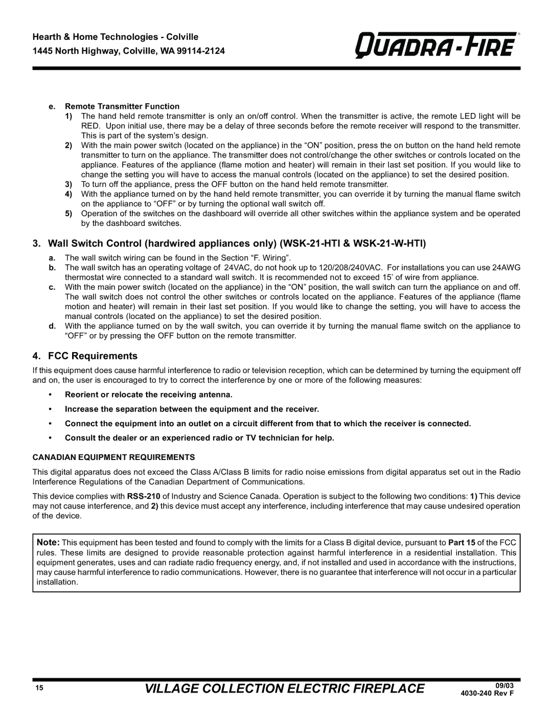 Hearth and Home Technologies QV32E (120V), QV32EV, QV32E warranty FCC Requirements, Remote Transmitter Function 