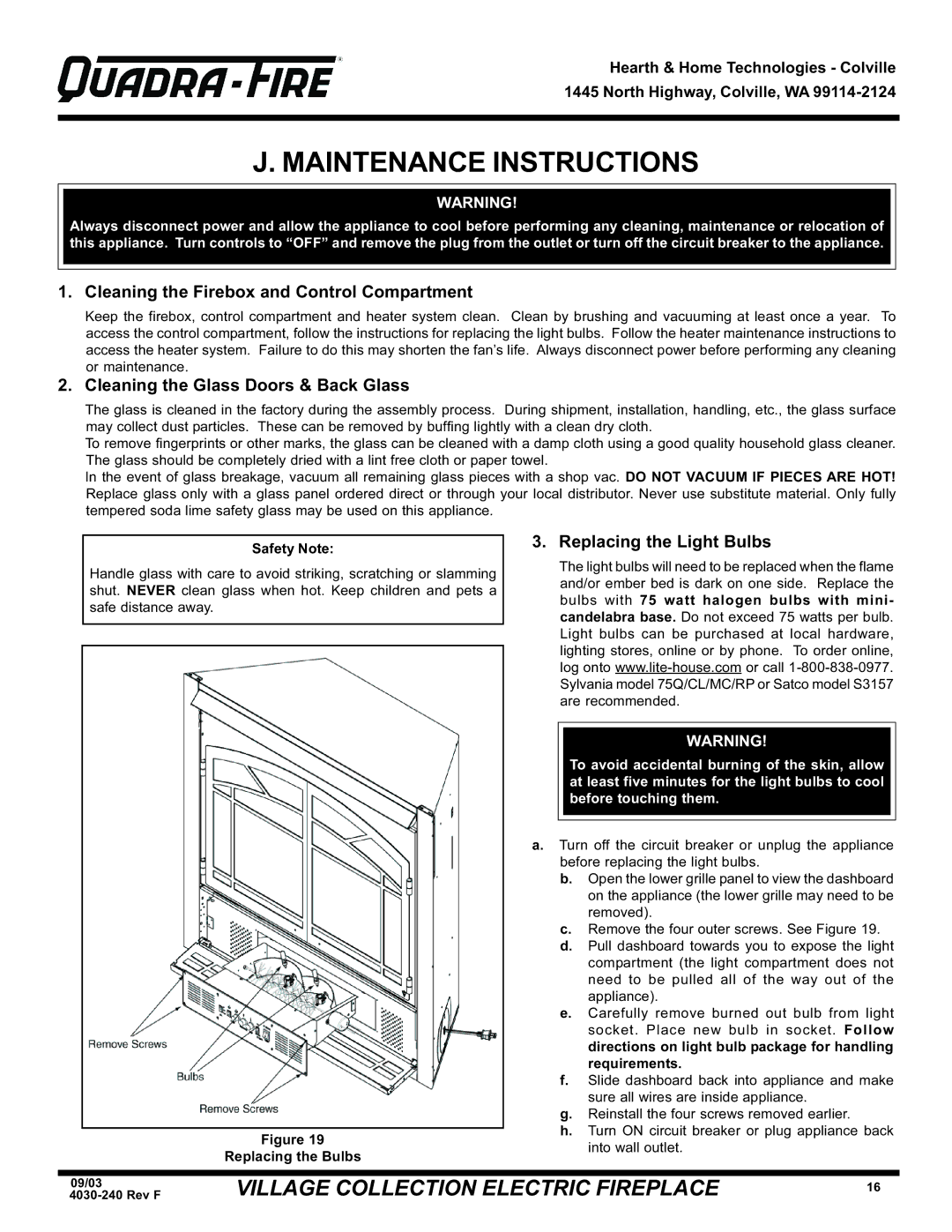 Hearth and Home Technologies QV32EV, QV32E warranty Maintenance Instructions, Cleaning the Firebox and Control Compartment 