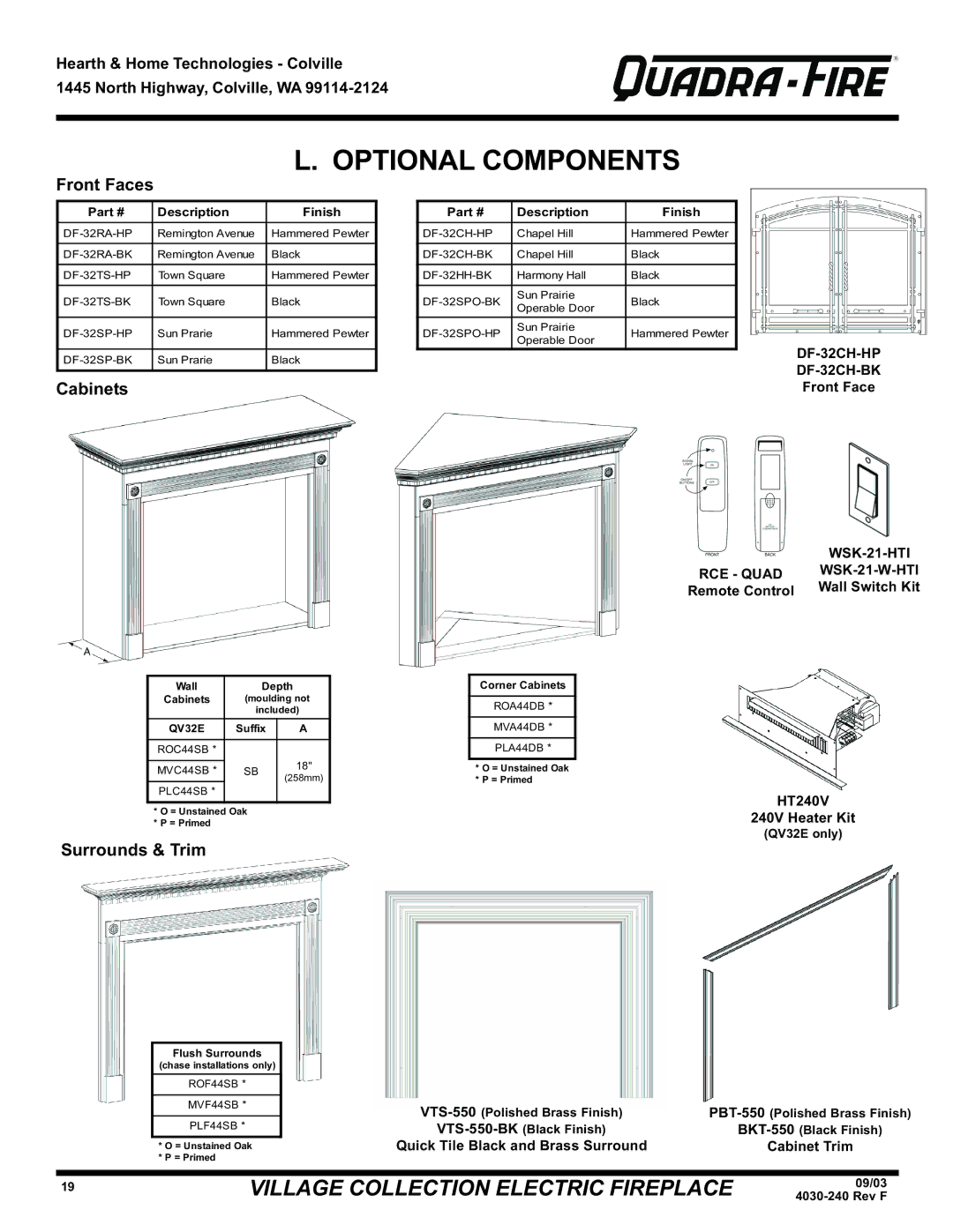 Hearth and Home Technologies QV32E (120V), QV32EV, QV32E Optional Components, Front Faces, Cabinets, Surrounds & Trim 