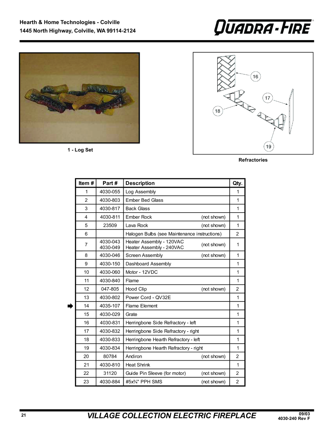 Hearth and Home Technologies QV32E (120V), QV32EV, QV32E warranty Log Set Refractories, Qty 