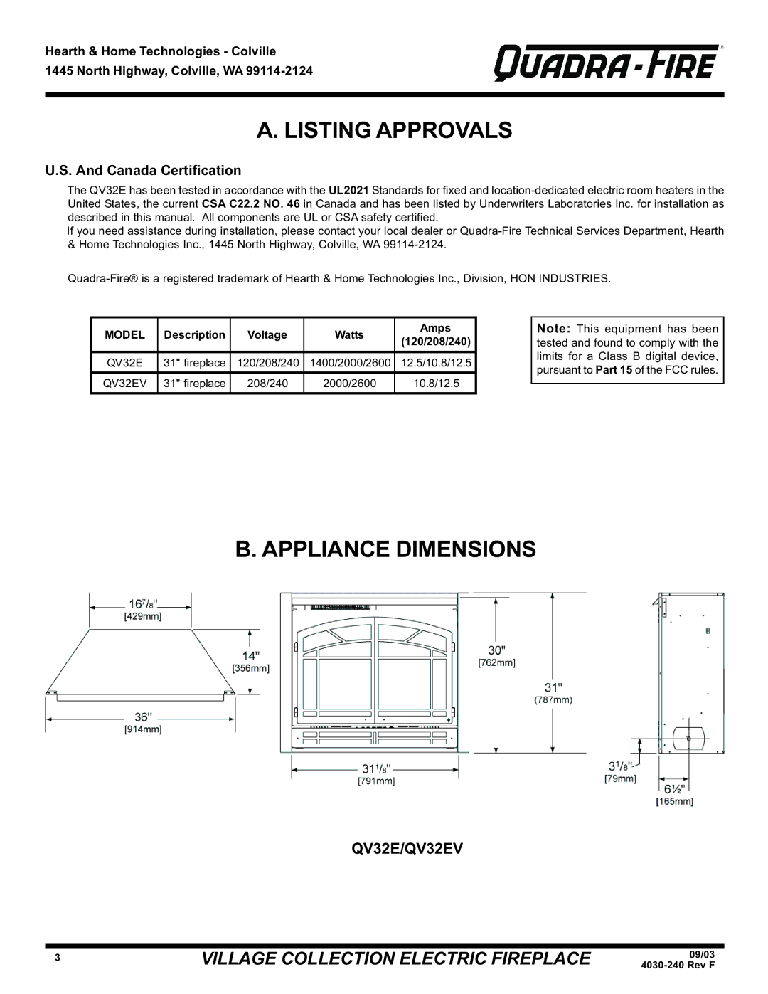 Hearth and Home Technologies QV32E (120V), QV32EV, QV32E Listing Approvals, Appliance Dimensions, Canada Certification 