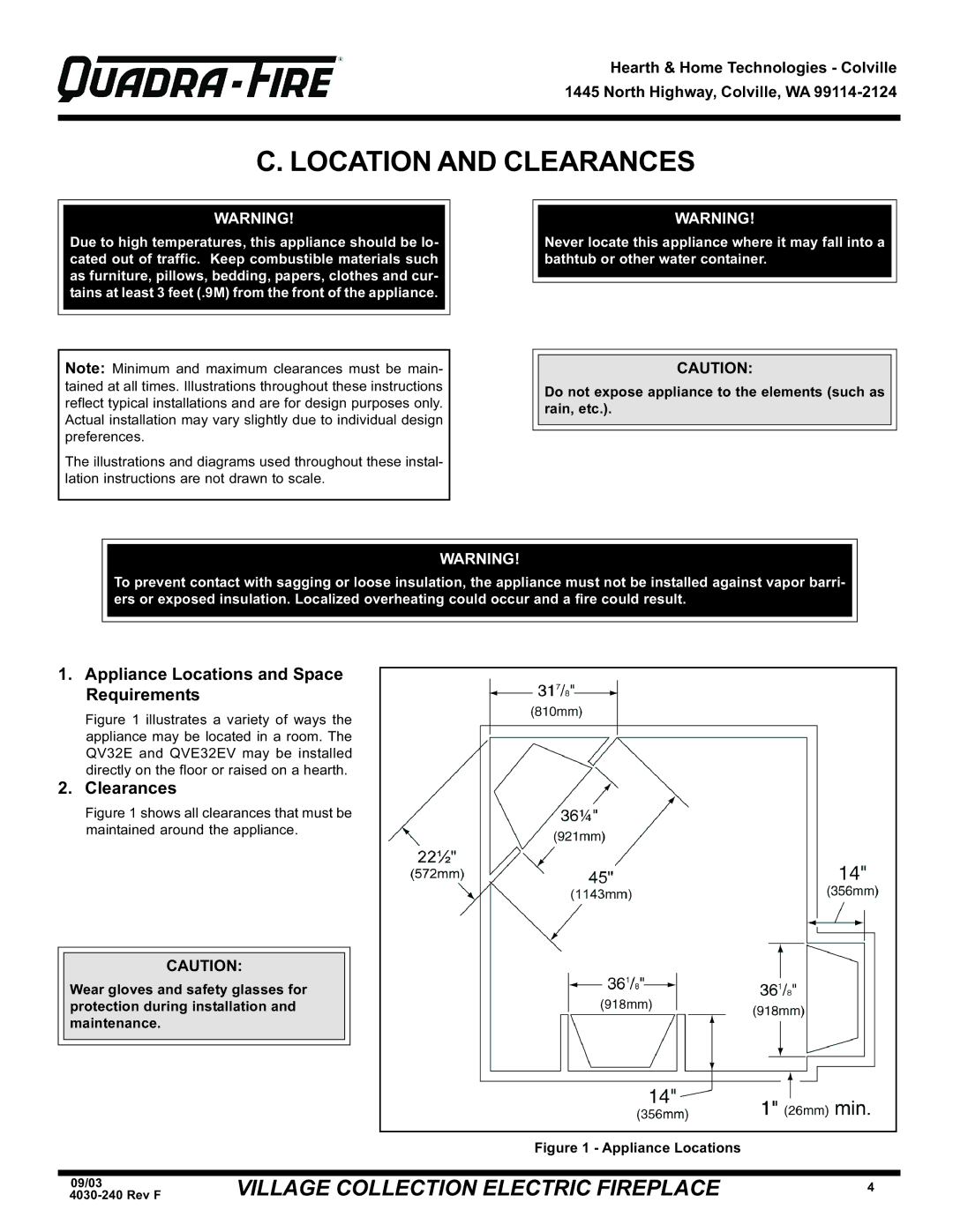 Hearth and Home Technologies QV32EV, QV32E warranty Location and Clearances, Appliance Locations and Space Requirements 