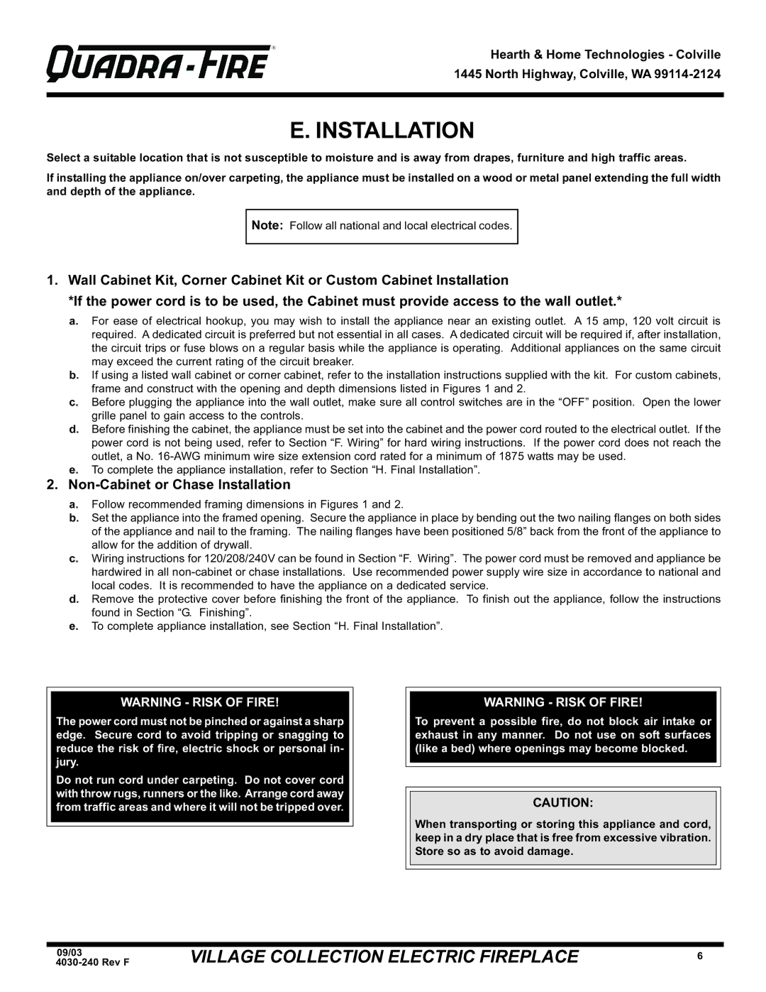 Hearth and Home Technologies QV32EV, QV32E, QV32E (120V) warranty Non-Cabinet or Chase Installation 