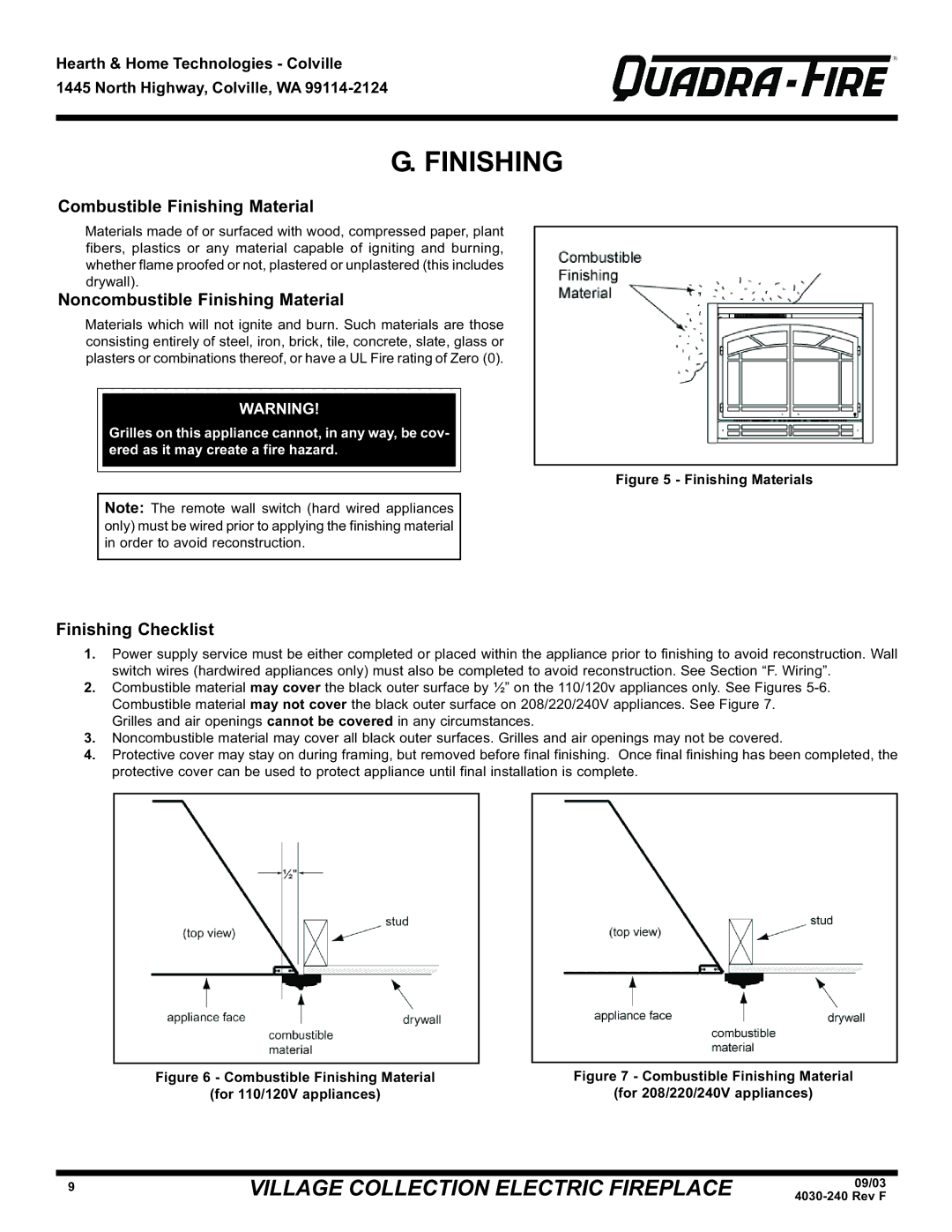 Hearth and Home Technologies QV32E (120V) warranty Combustible Finishing Material, Noncombustible Finishing Material 