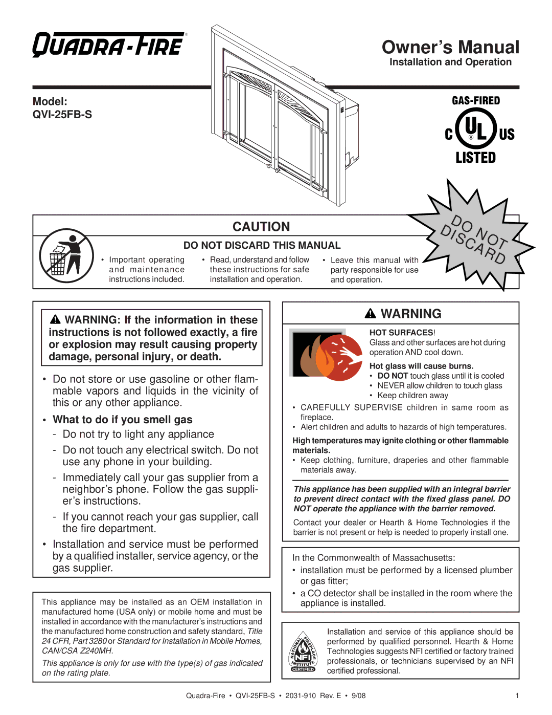 Hearth and Home Technologies QVI-25FB-S owner manual Model, What to do if you smell gas, HOT Surfaces 
