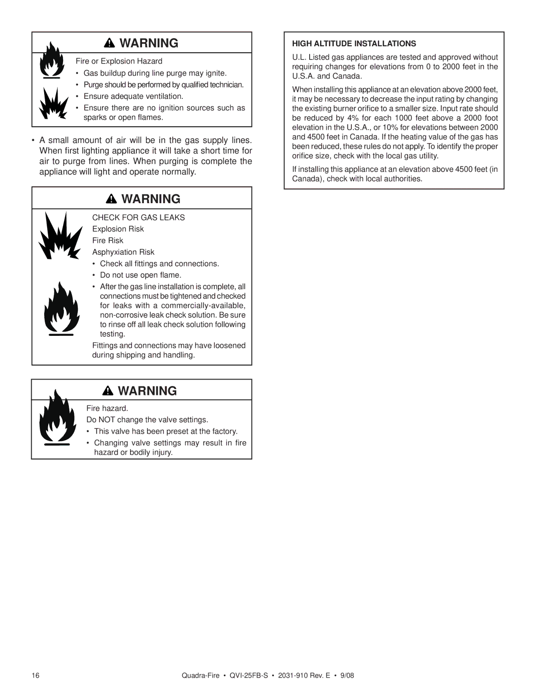 Hearth and Home Technologies QVI-25FB-S owner manual Check for GAS Leaks, High Altitude Installations 