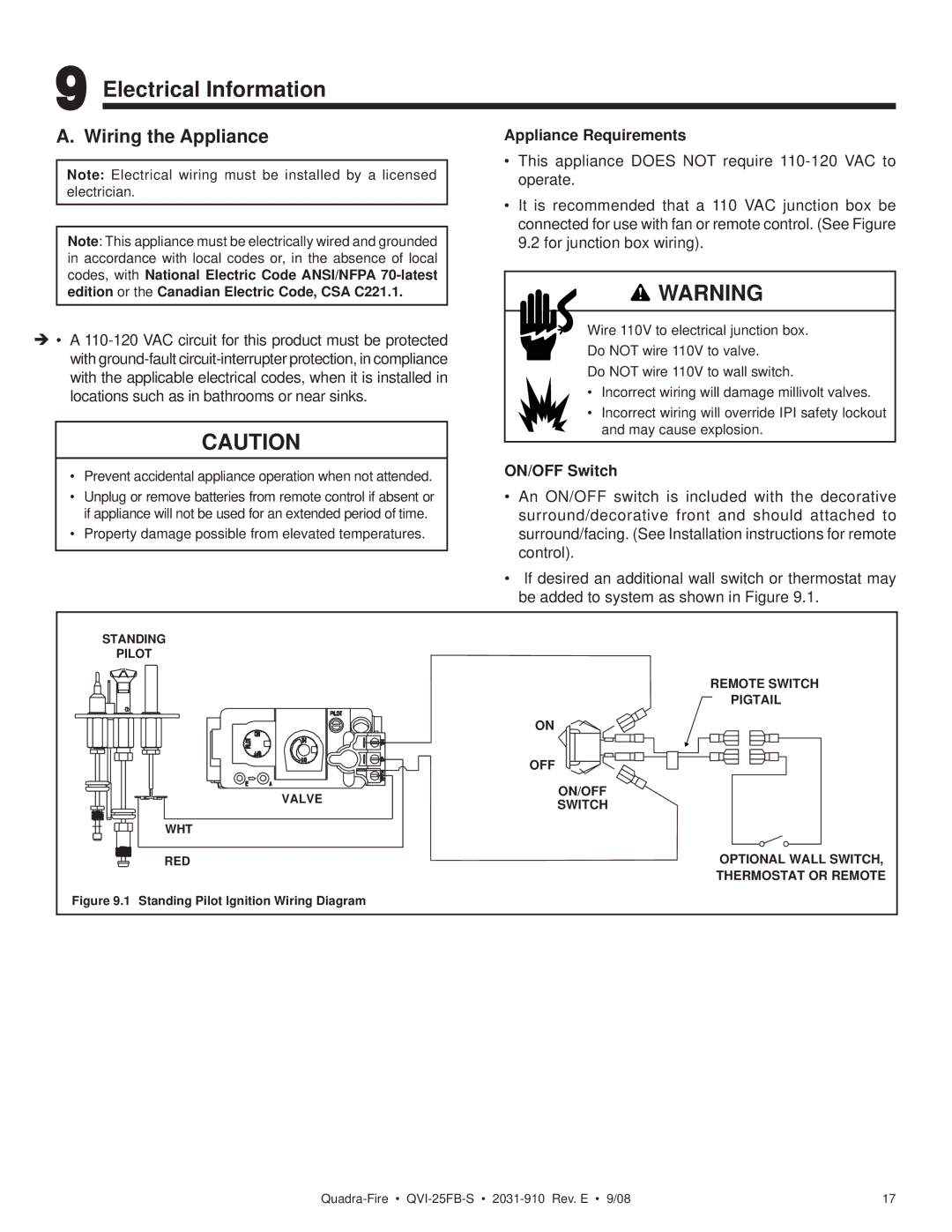 Hearth and Home Technologies QVI-25FB-S owner manual Electrical Information, Wiring the Appliance, Appliance Requirements 