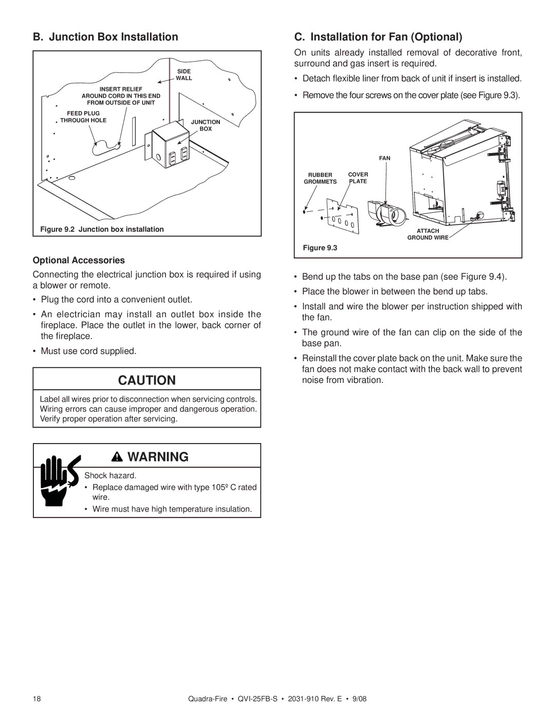 Hearth and Home Technologies QVI-25FB-S Junction Box Installation, Installation for Fan Optional, Optional Accessories 